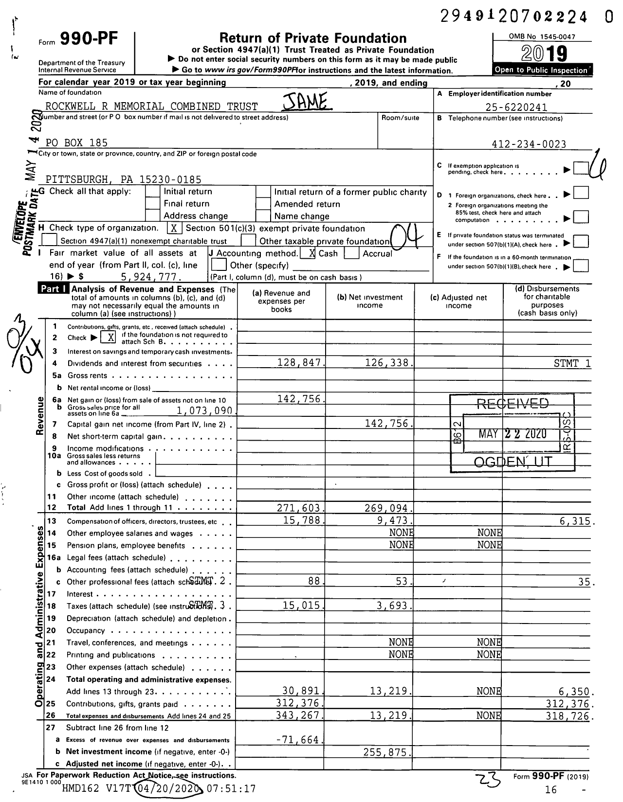 Image of first page of 2019 Form 990PR for Rockwell R Memorial Combined Trust