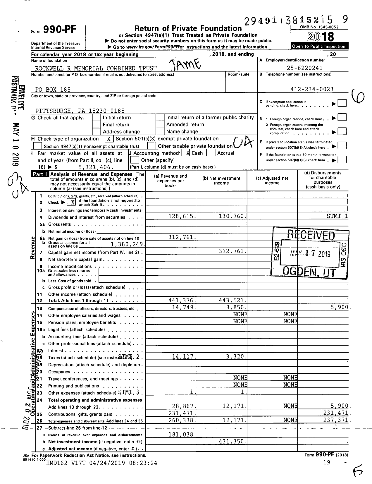 Image of first page of 2018 Form 990PF for Rockwell R Memorial Combined Trust