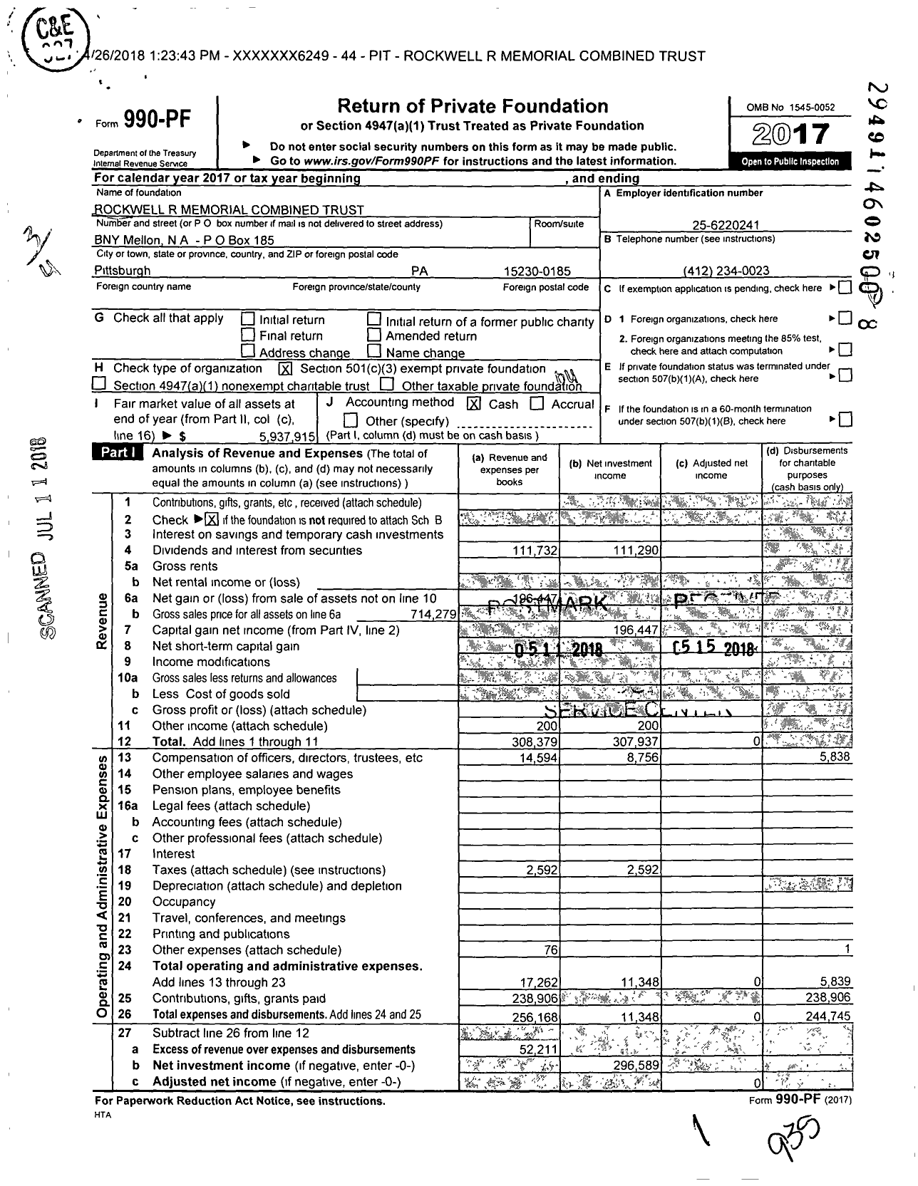 Image of first page of 2017 Form 990PF for Rockwell R Memorial Combined Trust