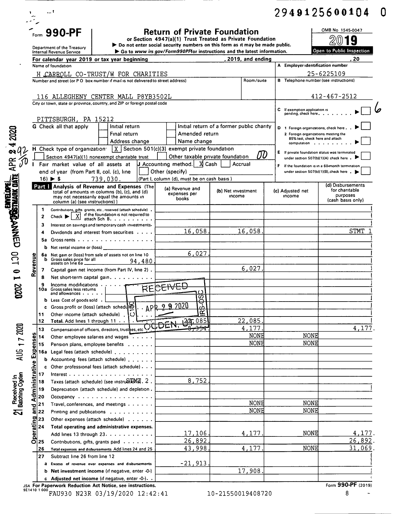 Image of first page of 2019 Form 990PR for H Carroll Trustee Uw-Charities