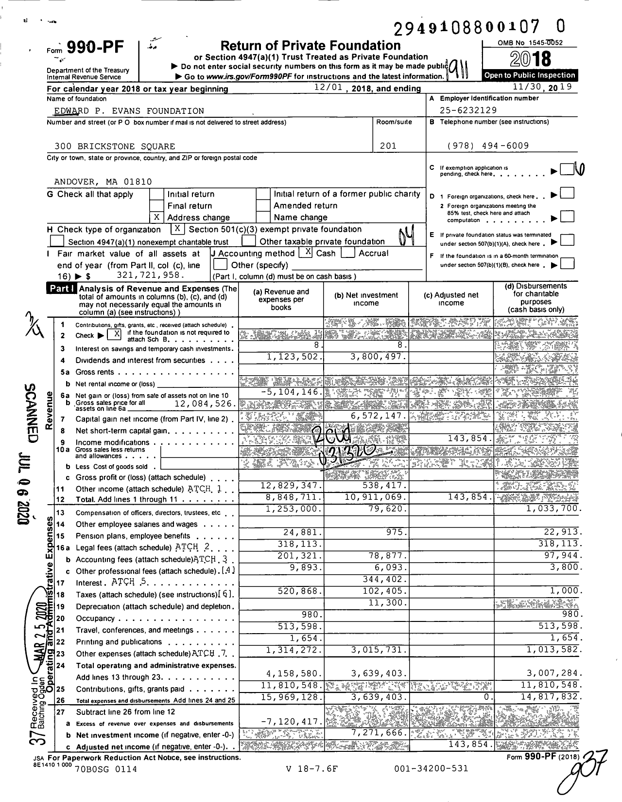 Image of first page of 2018 Form 990PR for Edward P. Evans Foundation