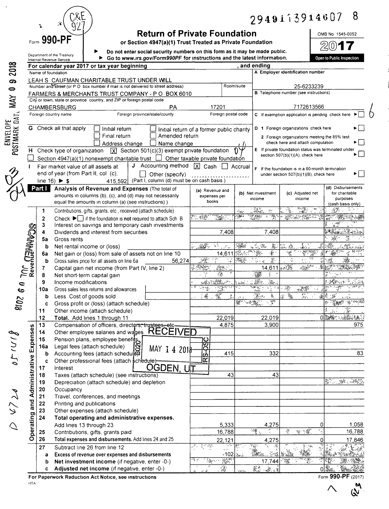 Image of first page of 2017 Form 990PF for Leah S Caufman Charitable Trust Under Will