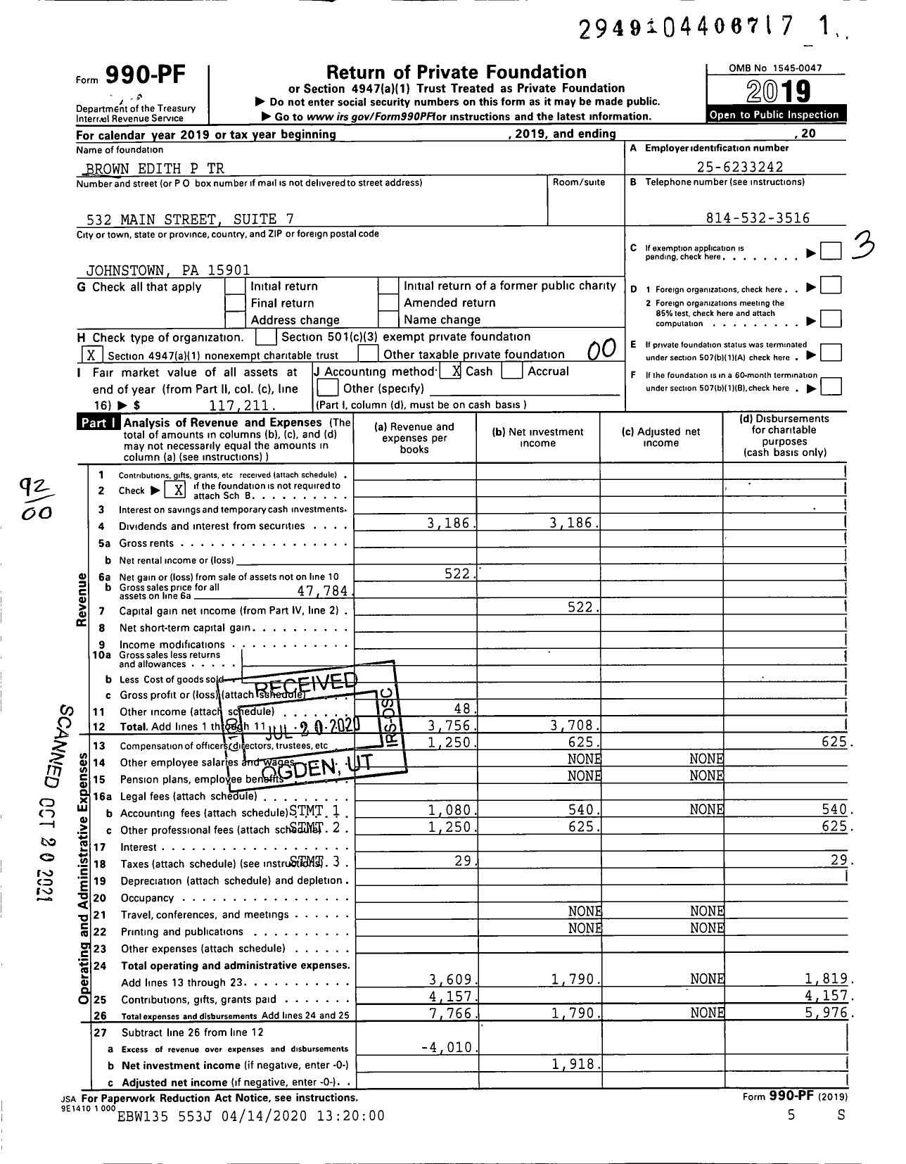 Image of first page of 2019 Form 990PF for Brown Edith P Trust