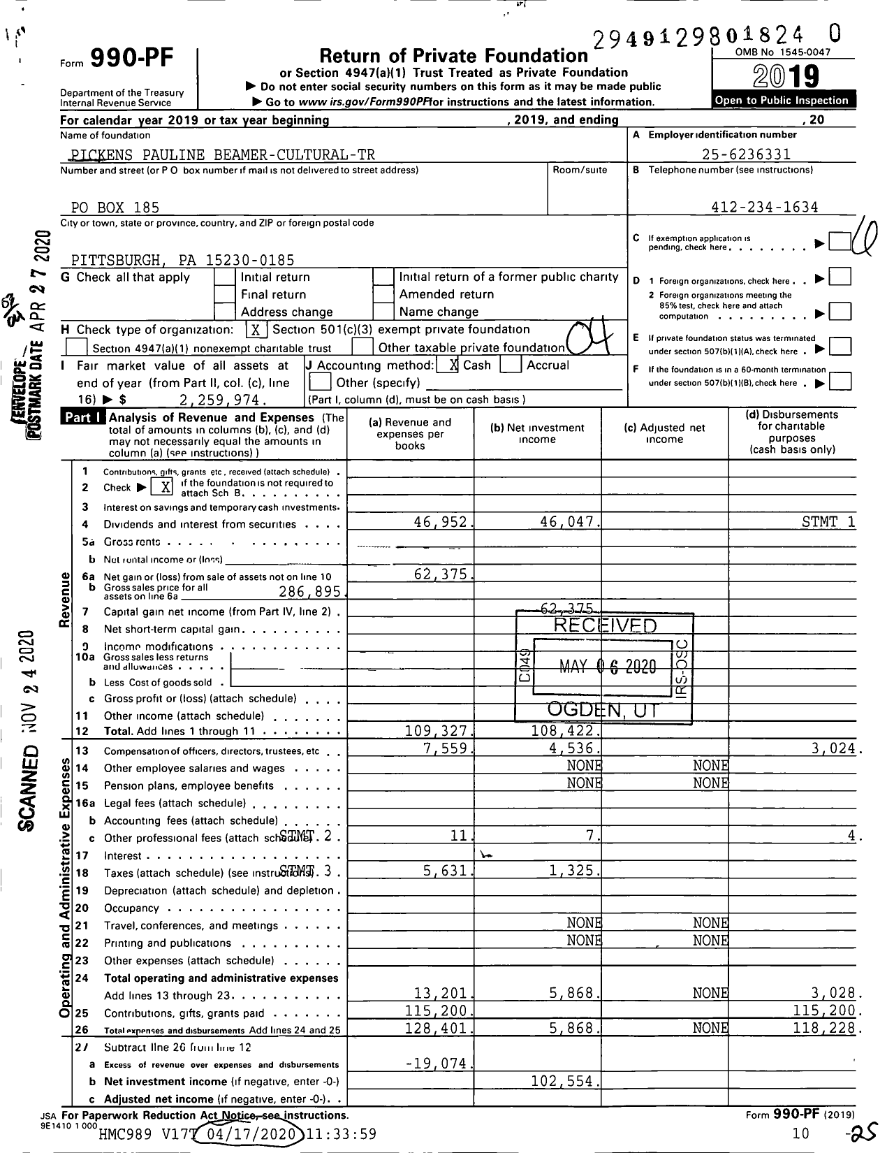 Image of first page of 2019 Form 990PF for Pickens Pauline Beamer-Cultural-Tr