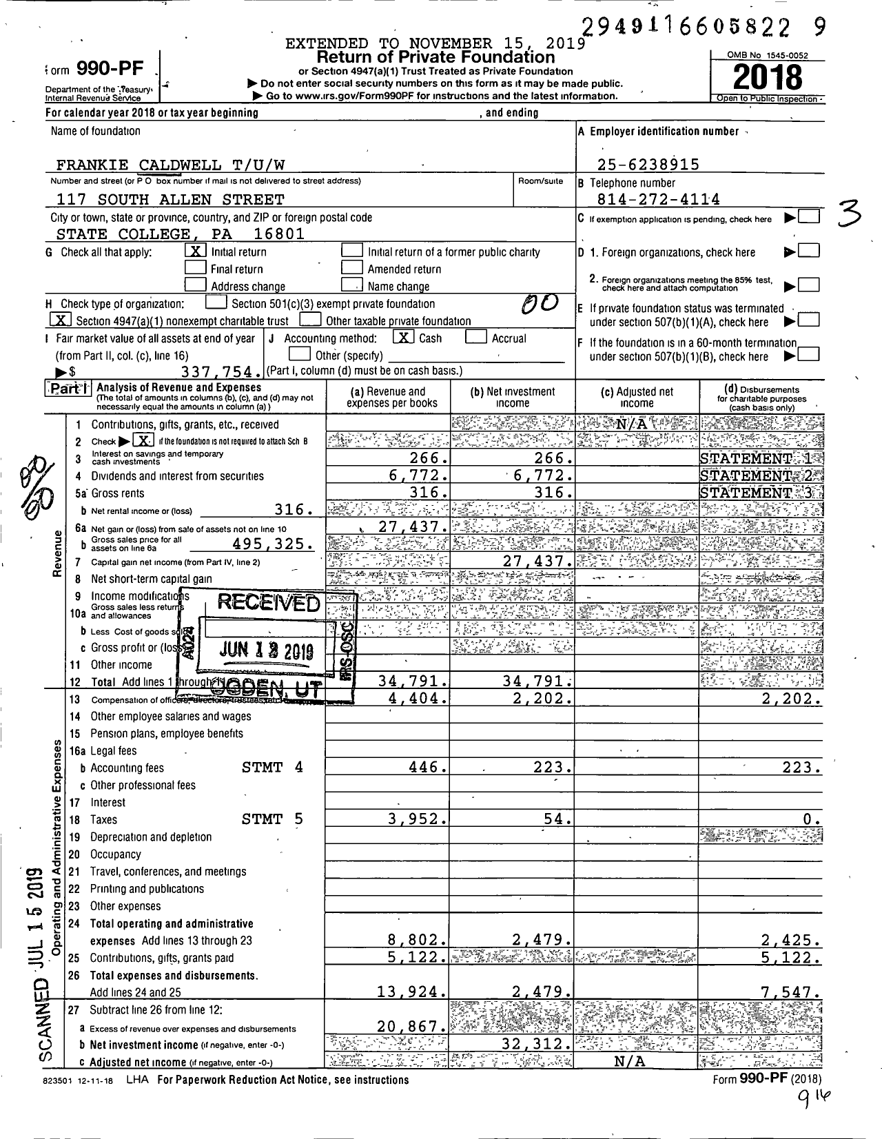 Image of first page of 2018 Form 990PF for Frankie Caldwell Tuw