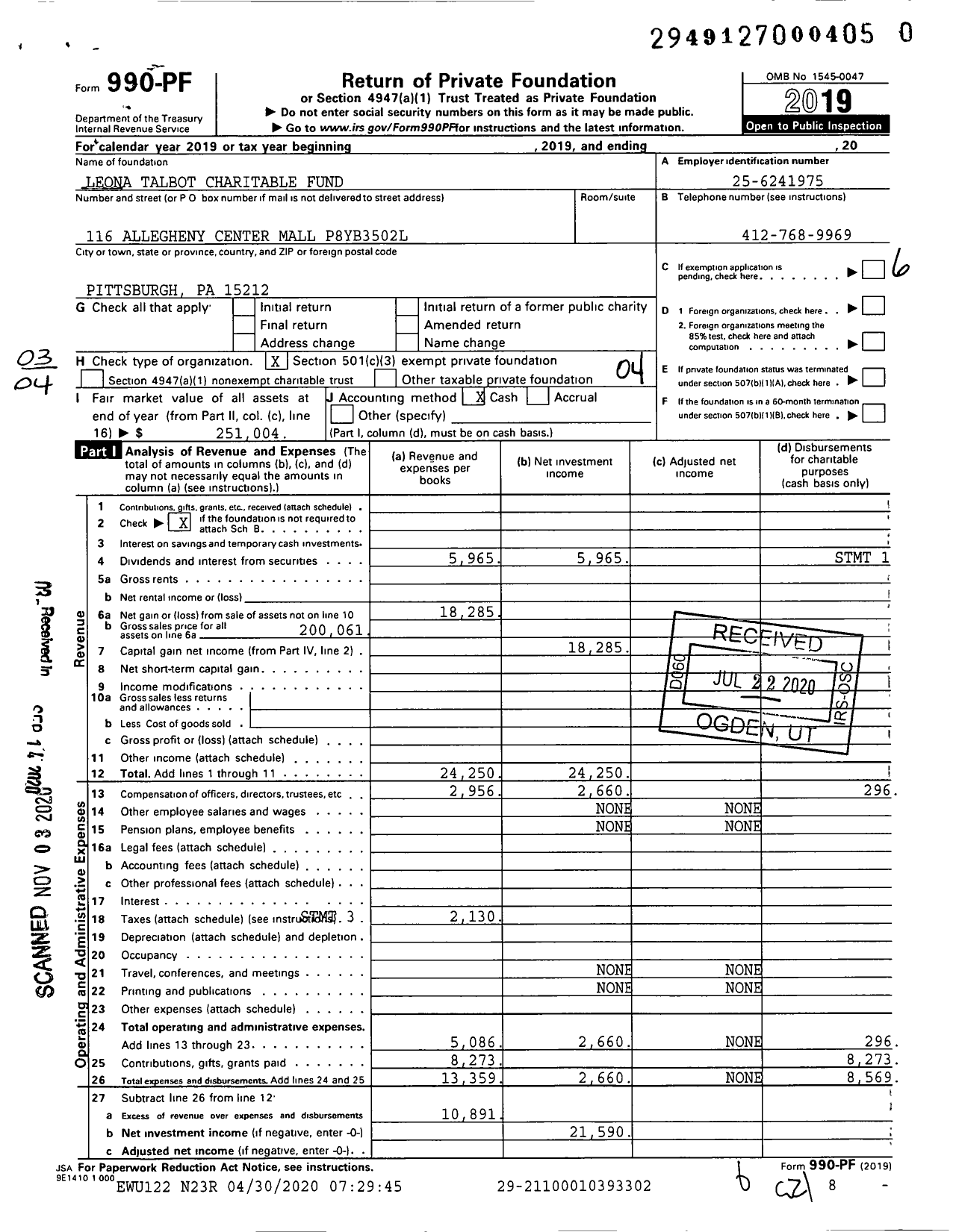 Image of first page of 2019 Form 990PF for Leona Talbot Charitable Fund