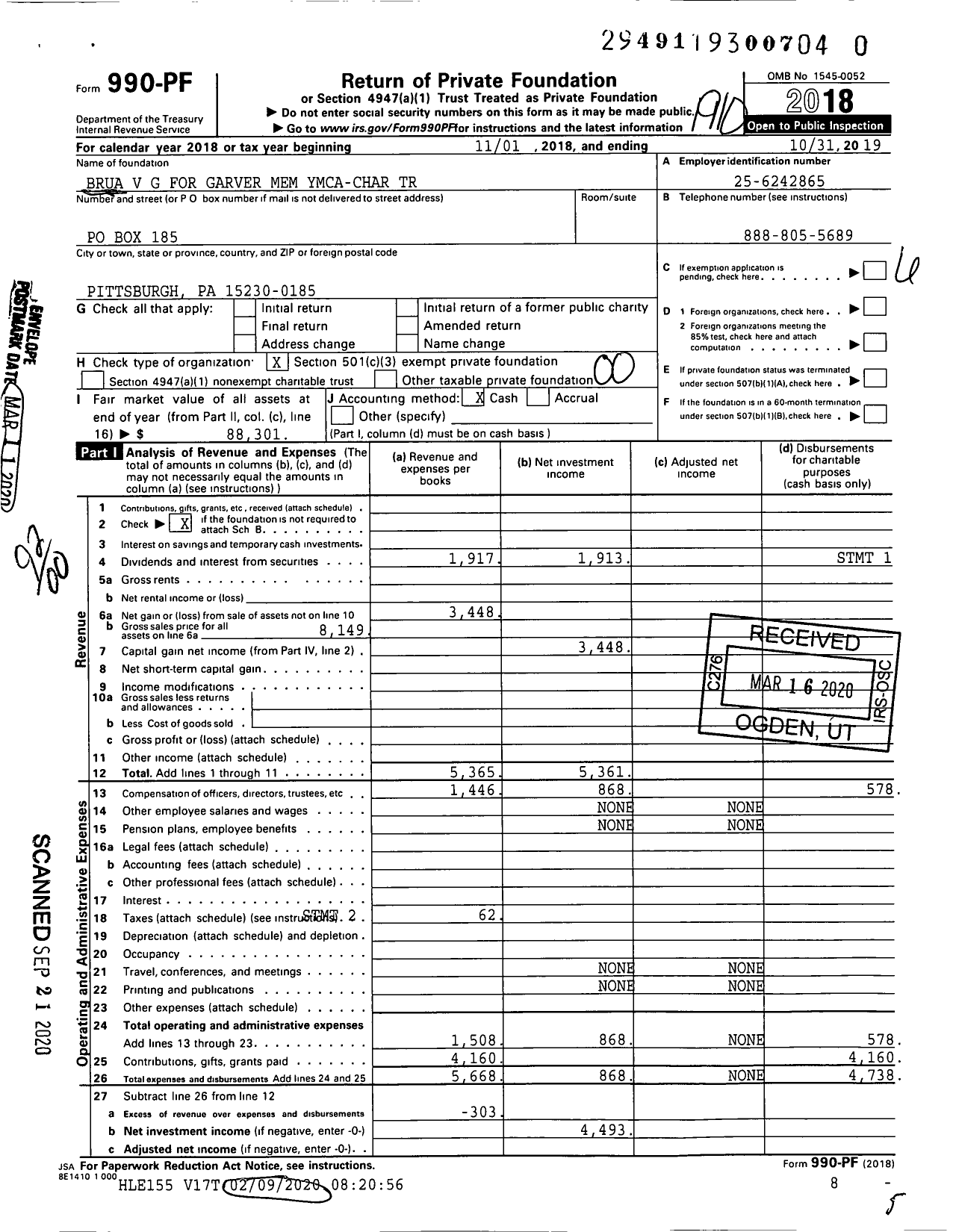 Image of first page of 2018 Form 990PR for Brua V G for Garver Mem Ymca-Char Trust