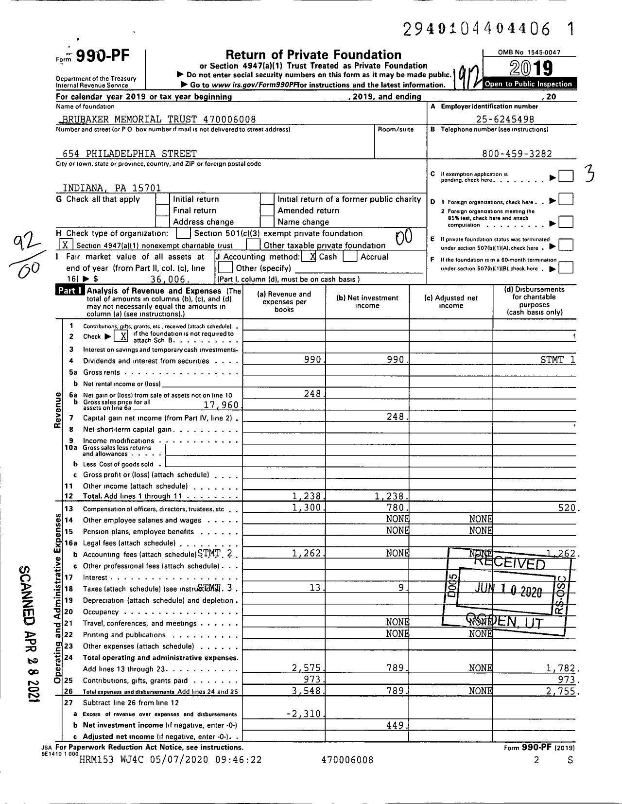 Image of first page of 2019 Form 990PF for Brubaker Memorial Trust 470006008