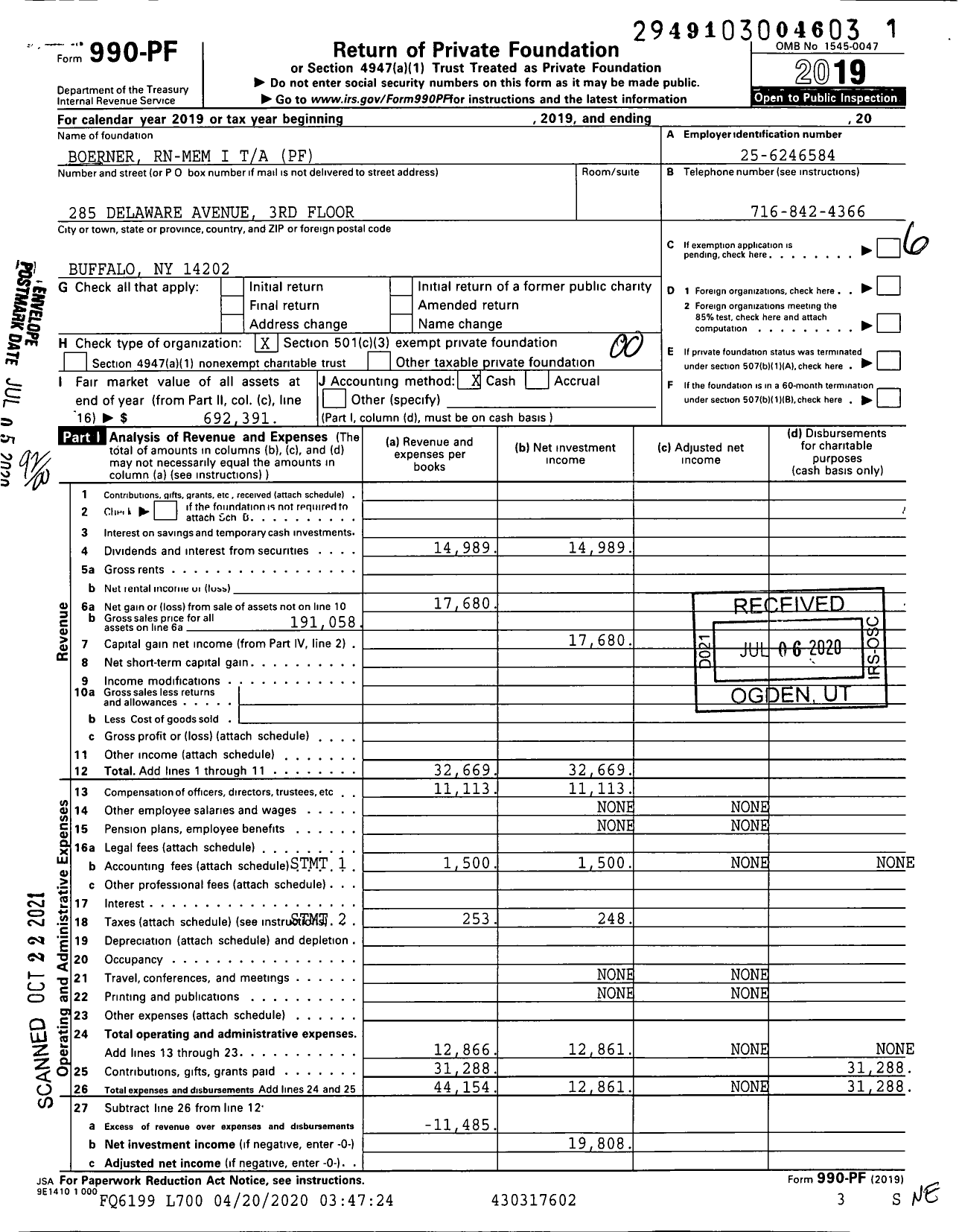 Image of first page of 2019 Form 990PF for Boerner Rn-Mem I Ta