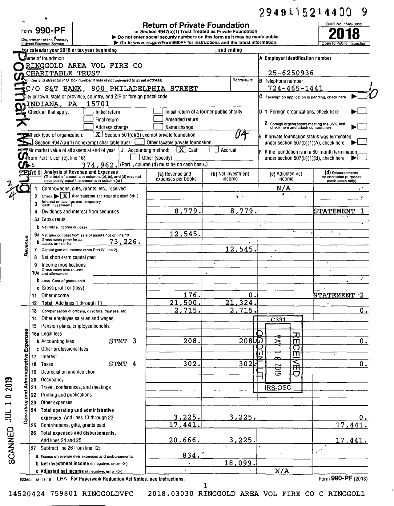 Image of first page of 2018 Form 990PF for Ringgold Area Volunteer Fire Charitable Trust