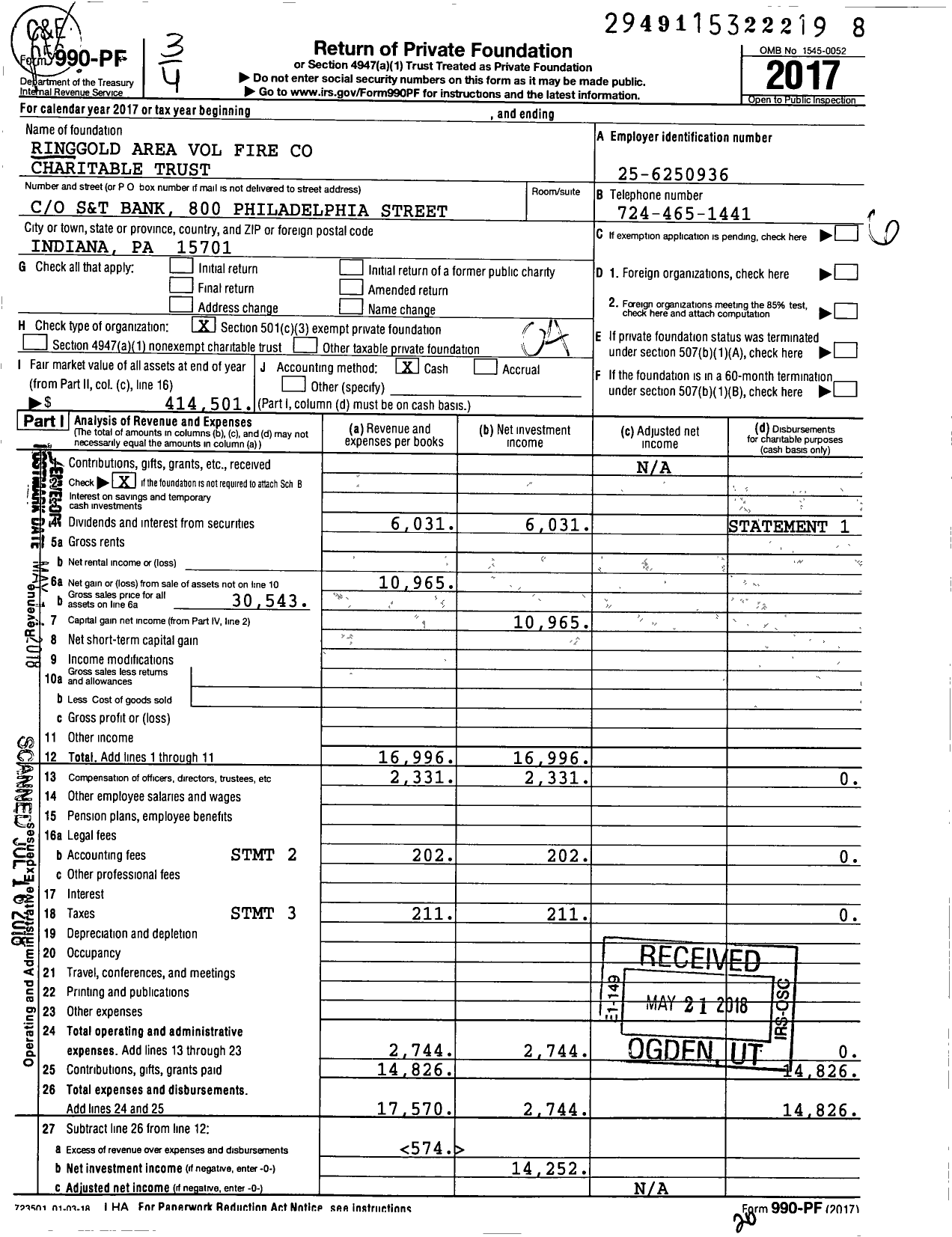 Image of first page of 2017 Form 990PF for Ringgold Area Volunteer Fire Charitable Trust