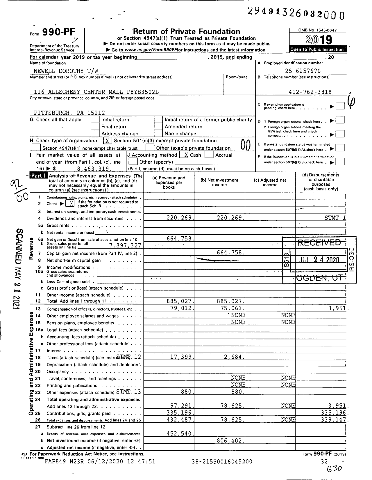 Image of first page of 2019 Form 990PF for Newell Dorothy TW