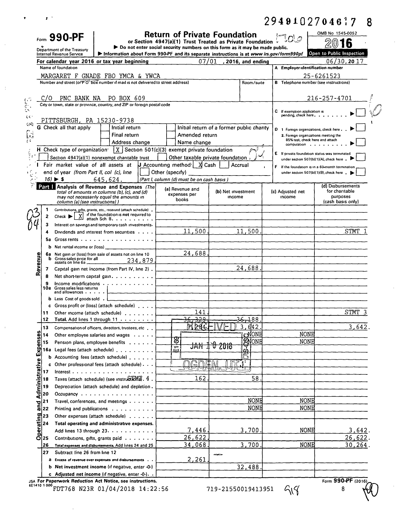 Image of first page of 2016 Form 990PF for Margaret F Gnade Fbo Ymca and Ywca