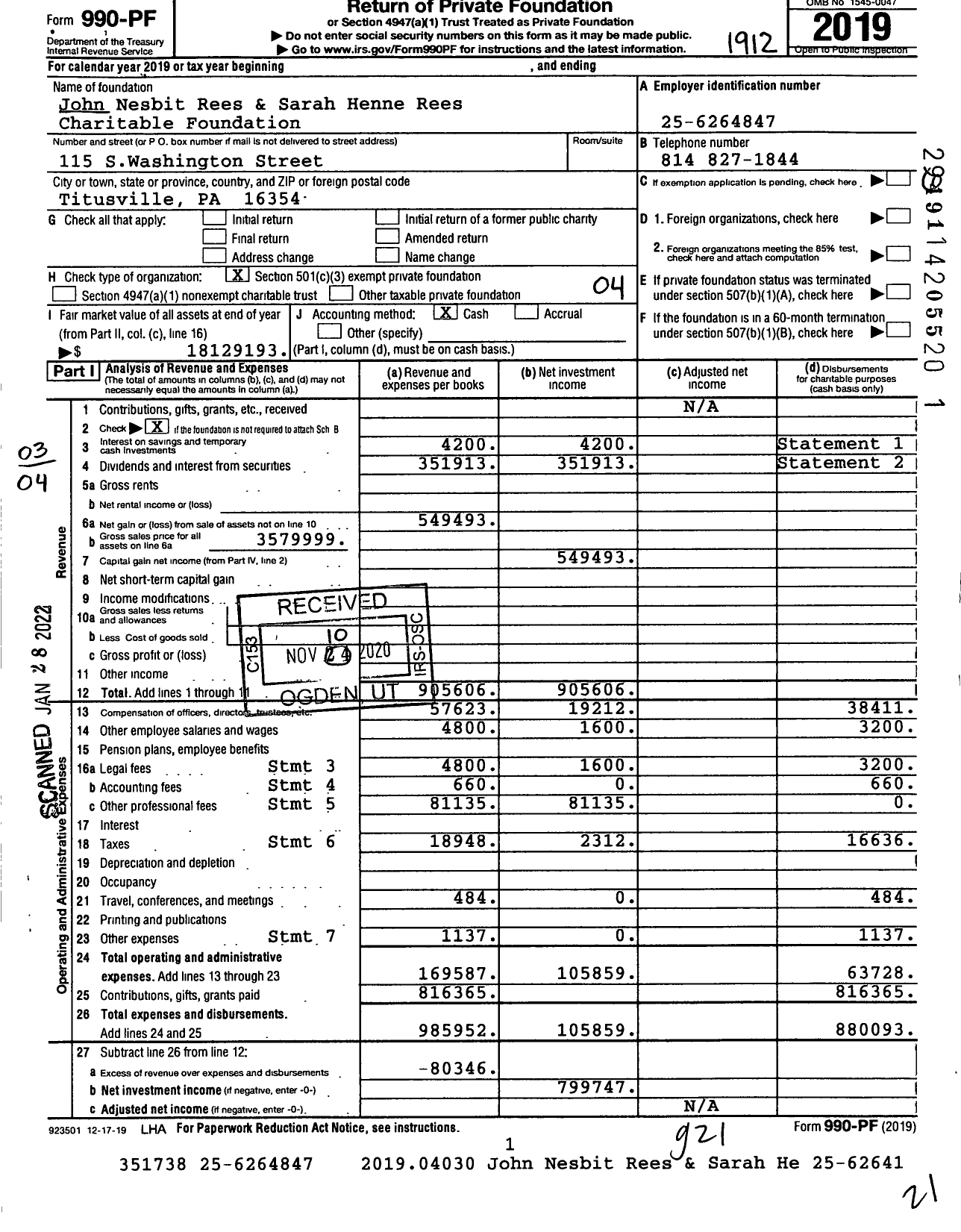 Image of first page of 2019 Form 990PF for John Nesbit Rees and Sarah Henne Rees Charitable Foundation