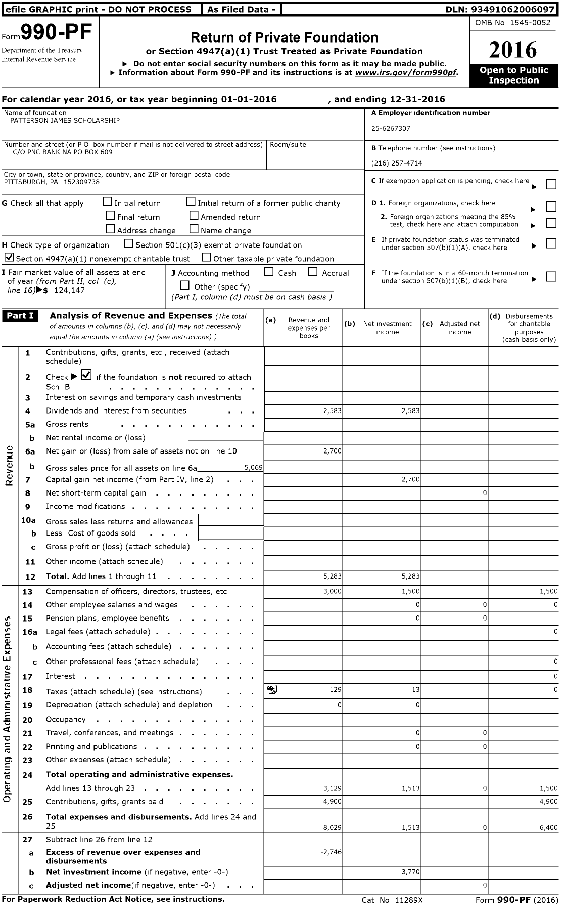 Image of first page of 2016 Form 990PF for Patterson James Scholarship