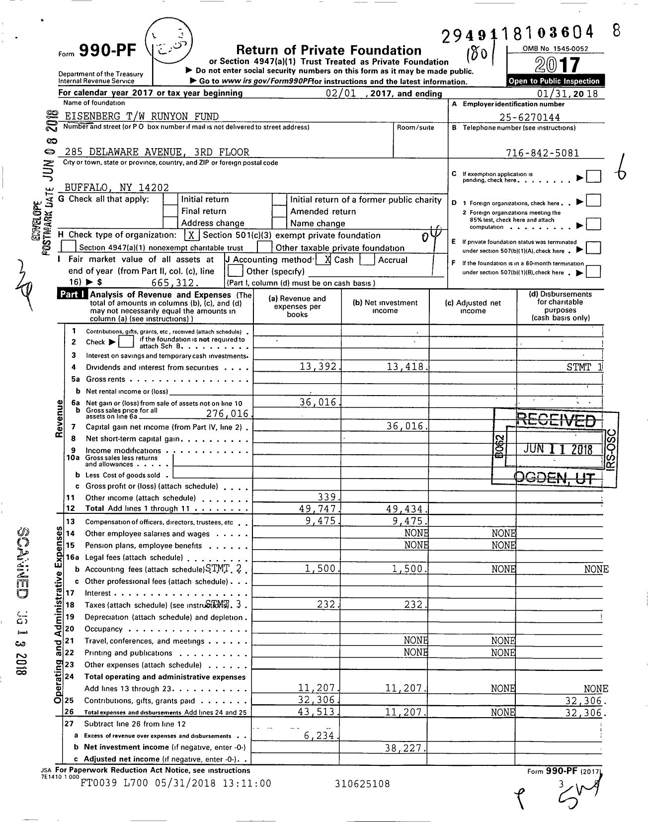 Image of first page of 2017 Form 990PF for Eisenberg TW Runyon Fund