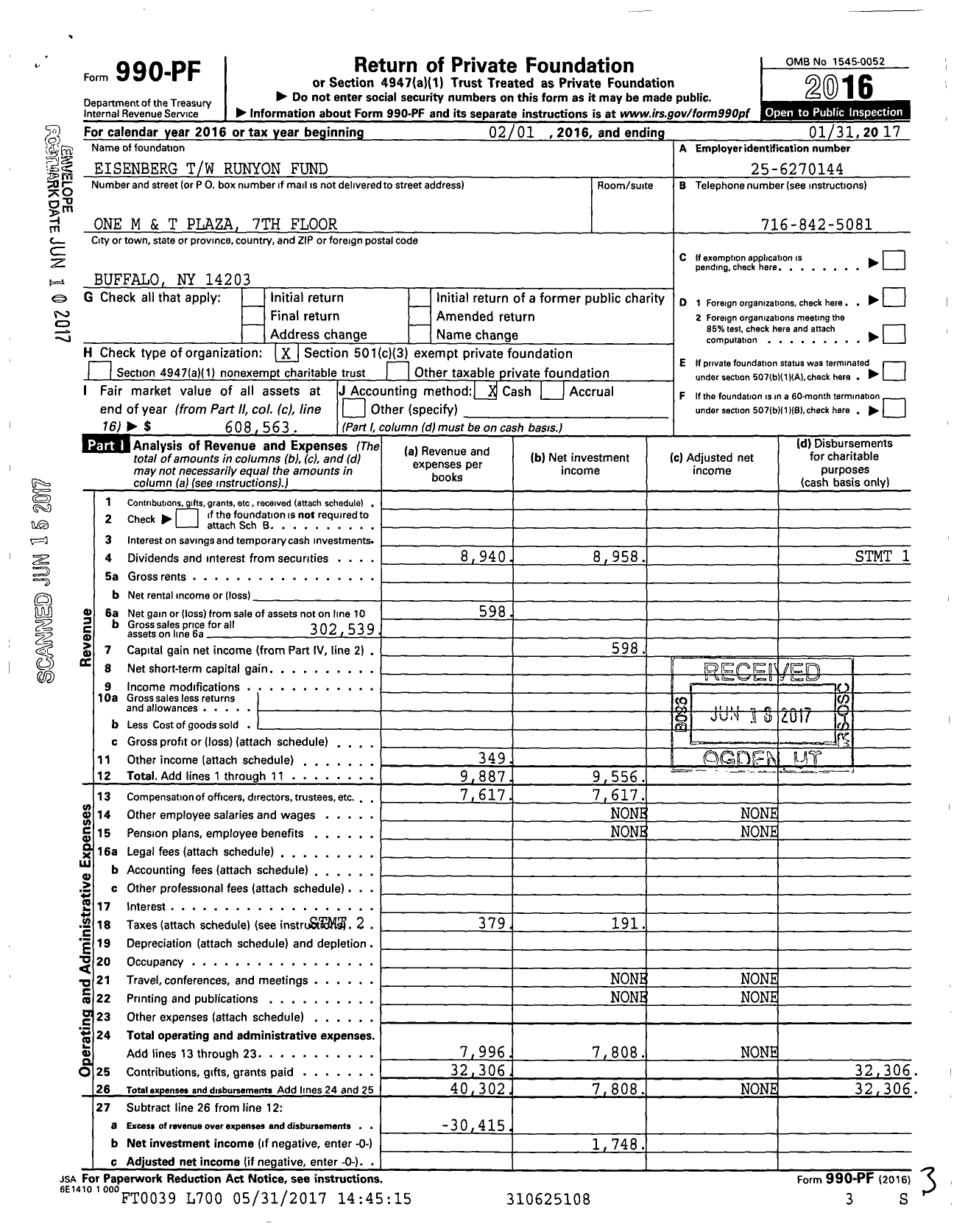 Image of first page of 2016 Form 990PF for Eisenberg TW Runyon Fund