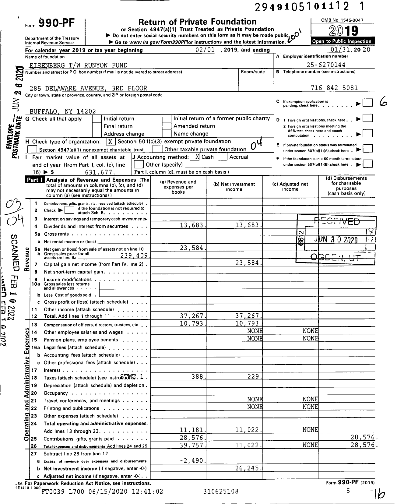 Image of first page of 2019 Form 990PF for Eisenberg TW Runyon Fund