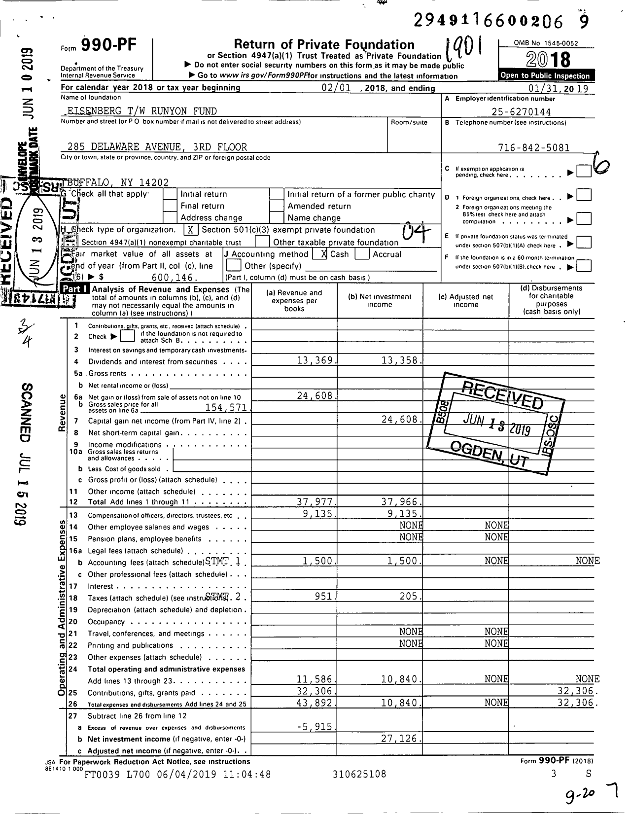 Image of first page of 2018 Form 990PF for Eisenberg TW Runyon Fund