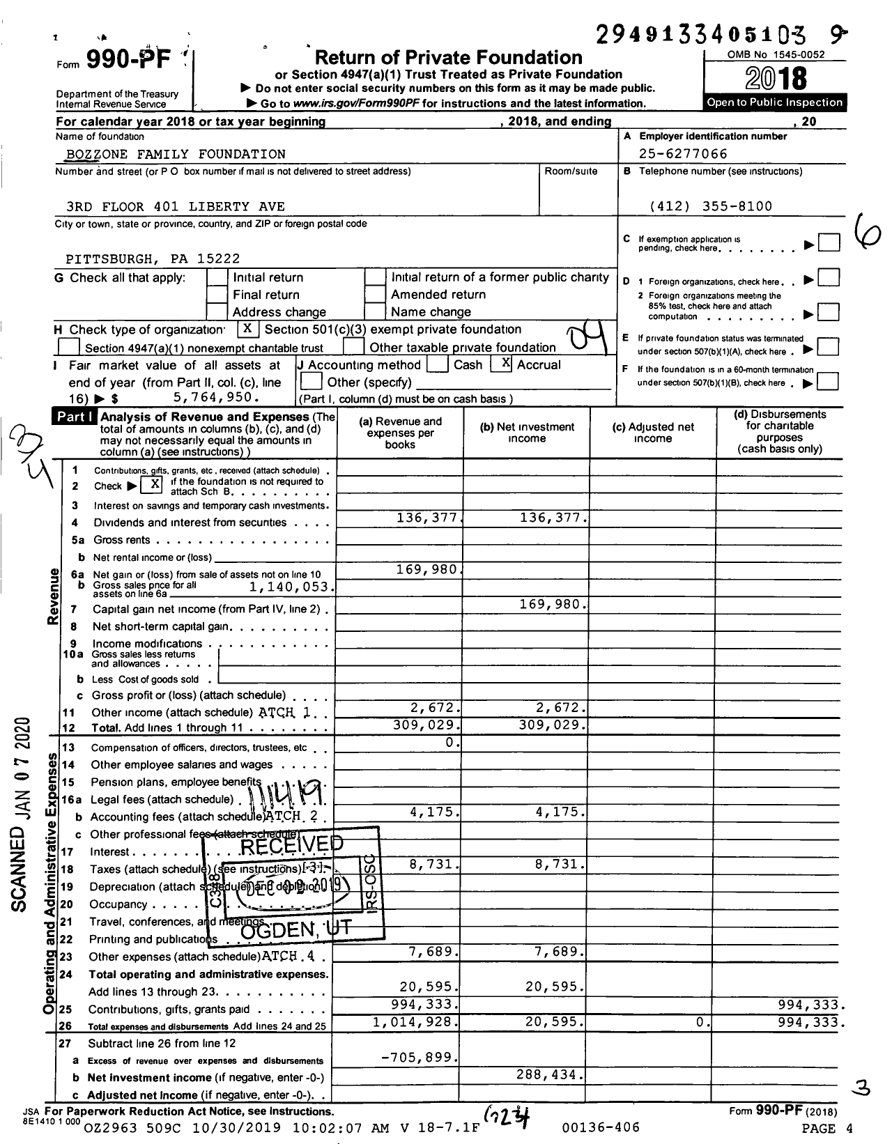 Image of first page of 2018 Form 990PF for Bozzone Family Foundation