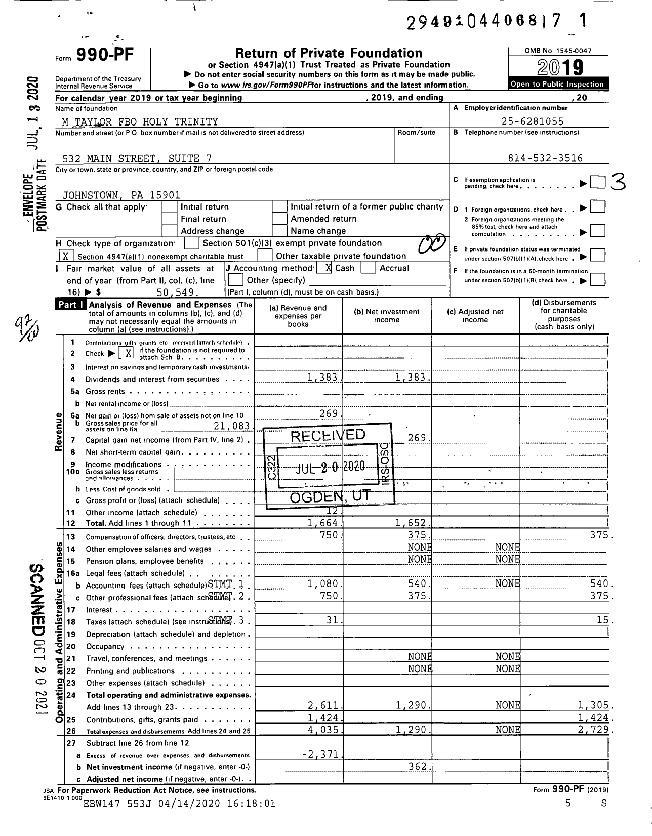 Image of first page of 2019 Form 990PF for M Taylor Fbo Holy Trinity