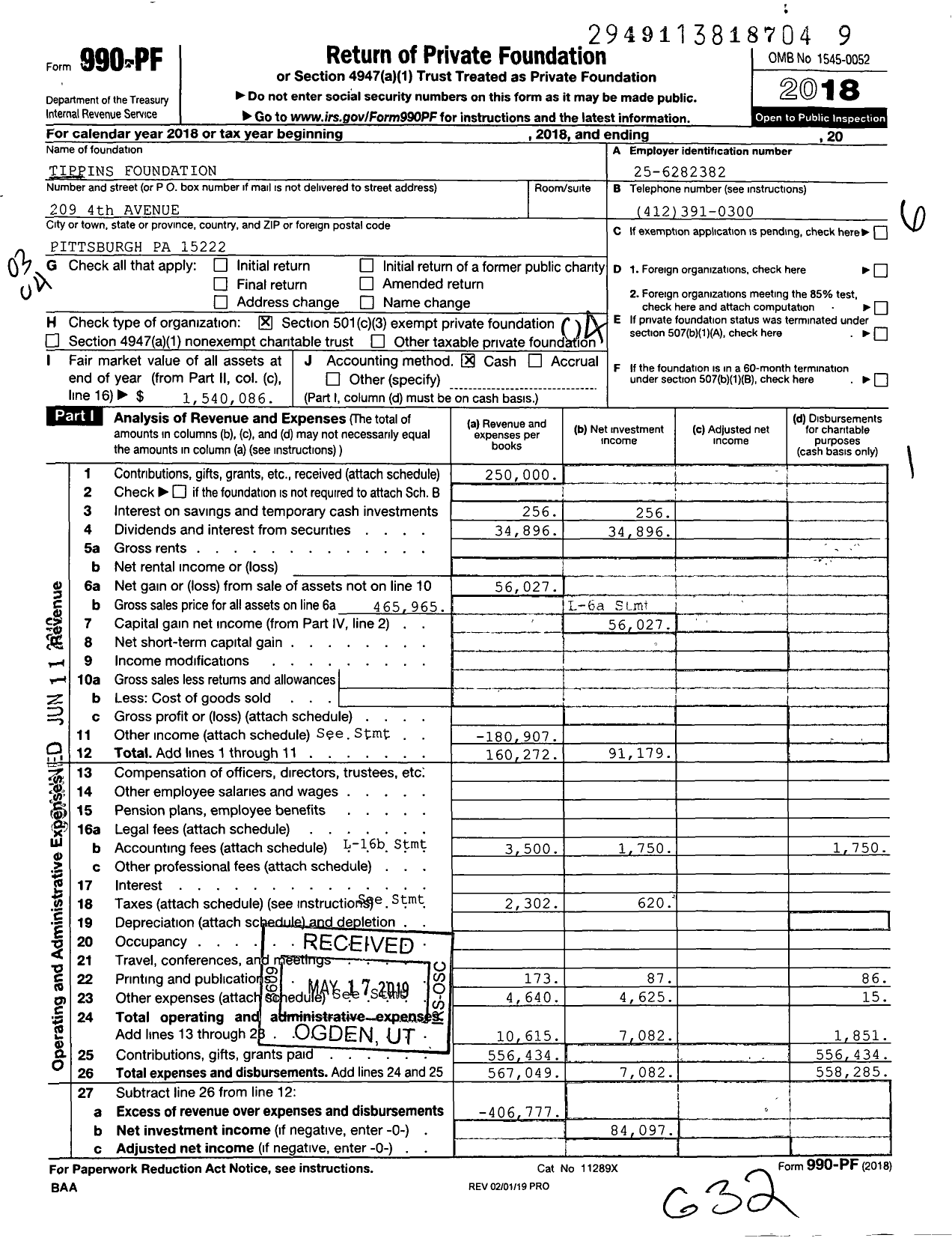 Image of first page of 2018 Form 990PF for Tippins Foundation