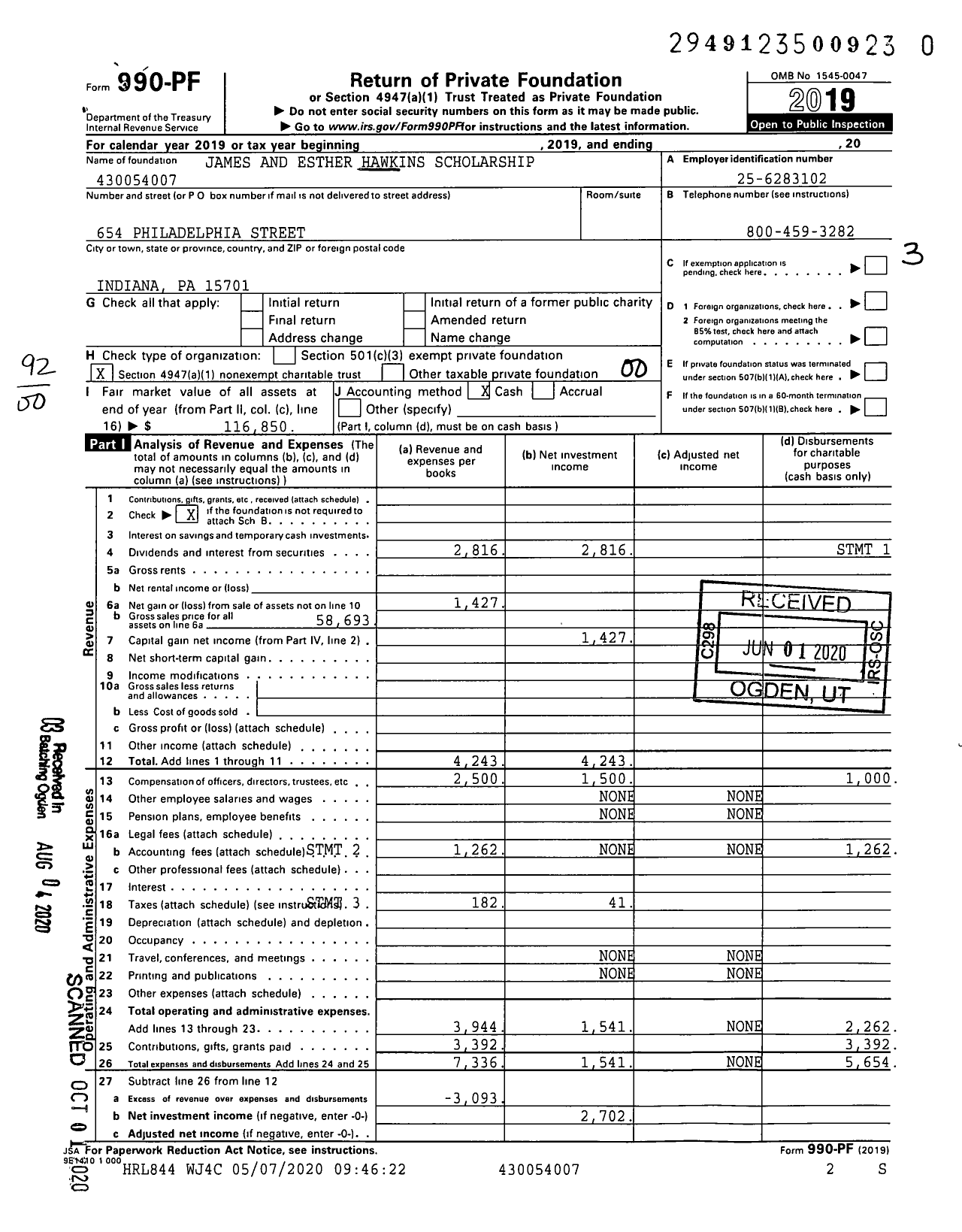 Image of first page of 2019 Form 990PR for James and Esther Hawkins Scholarship