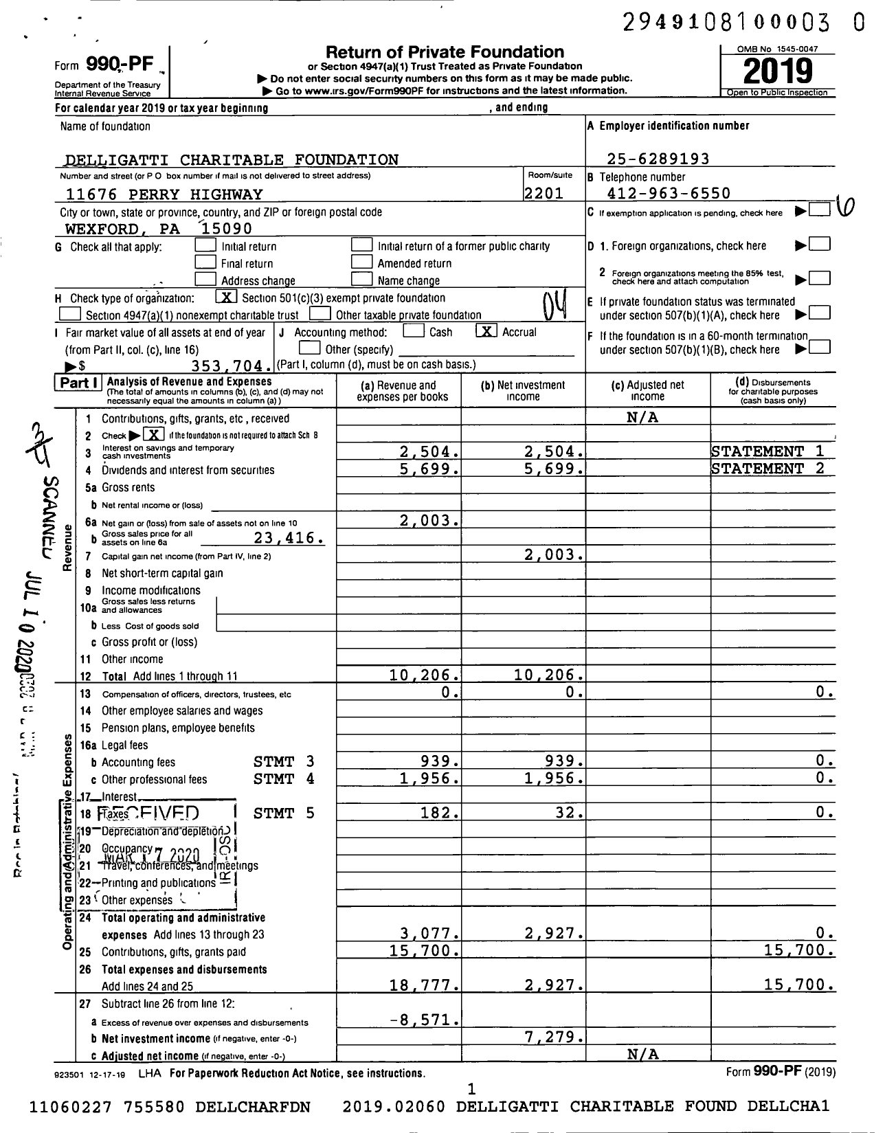 Image of first page of 2019 Form 990PR for Delligatti Charitable Foundation