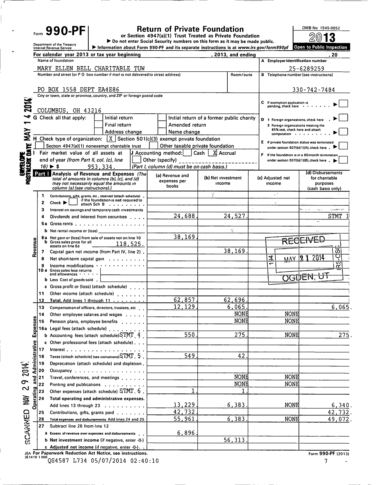 Image of first page of 2013 Form 990PF for Mary Ellen Bell Charitable Tuw