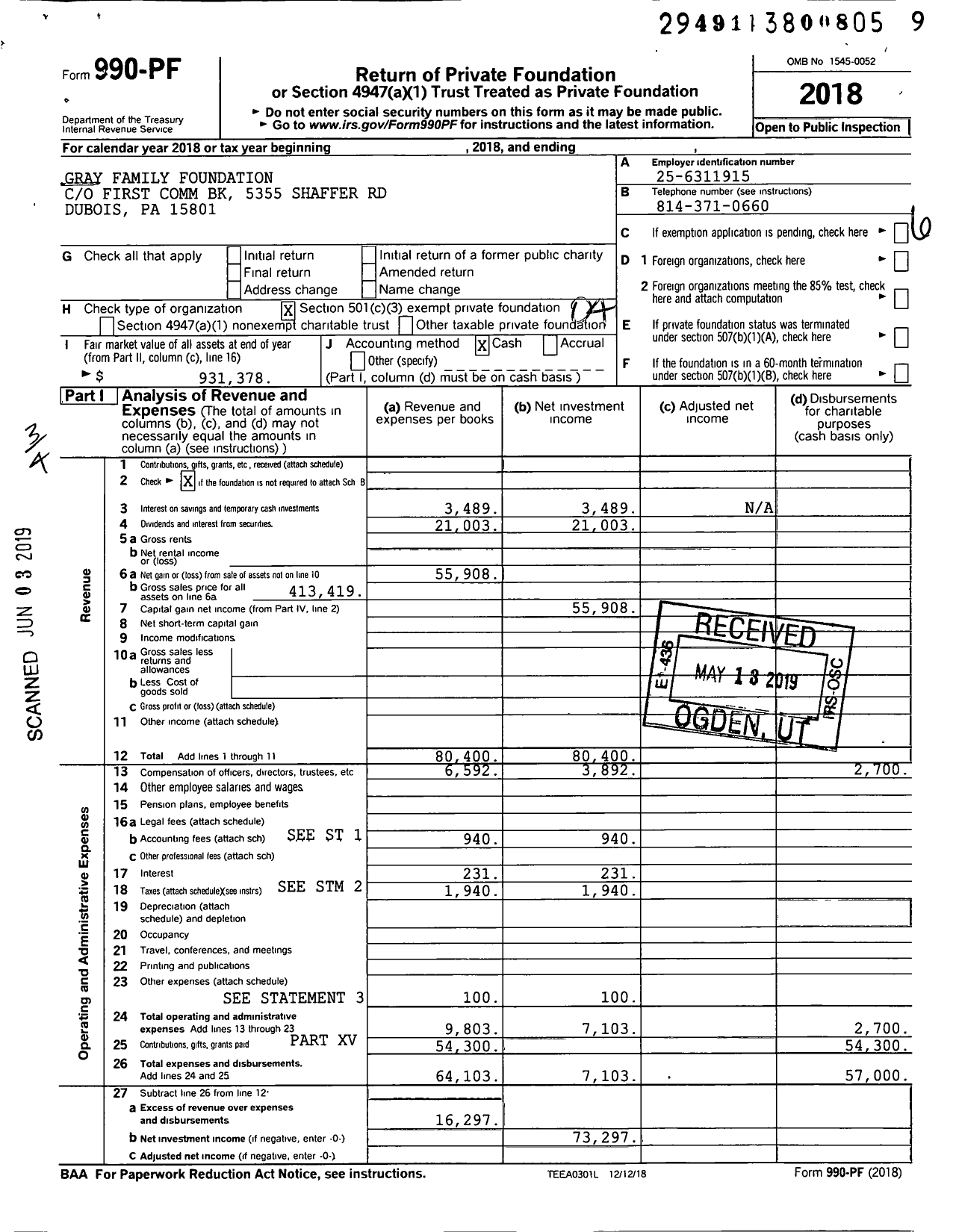 Image of first page of 2018 Form 990PF for Gray Family Foundation