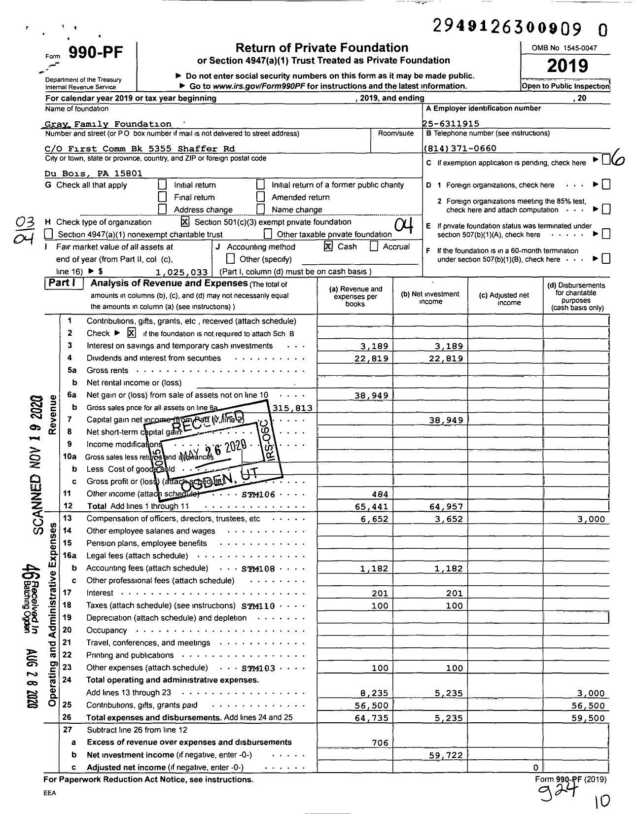 Image of first page of 2019 Form 990PF for Gray Family Foundation