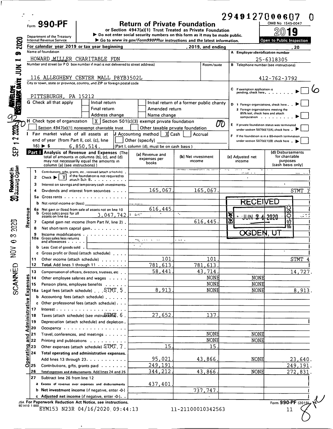 Image of first page of 2019 Form 990PF for Howard Miller Charitable Foundation