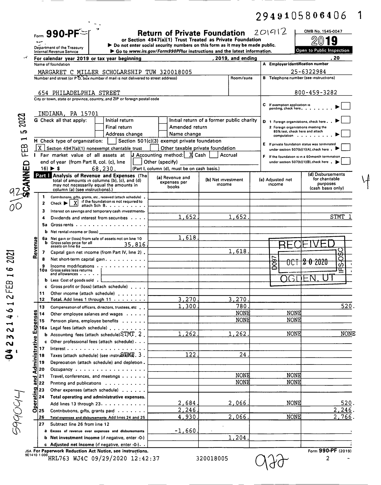 Image of first page of 2019 Form 990PF for Margaret C Miller Scholarship Tuw XXX-XX-XXXX