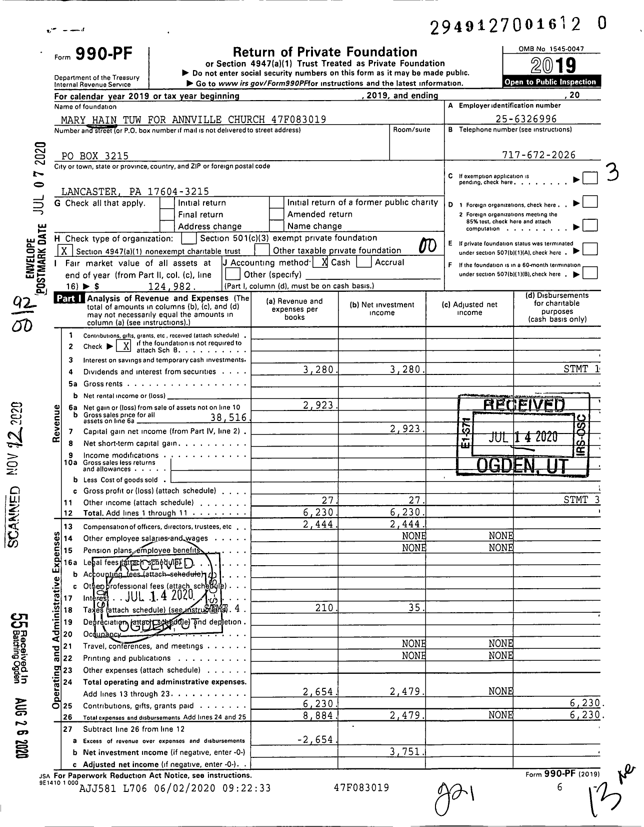 Image of first page of 2019 Form 990PF for Mary Hain Tuw for Annville Church 47f083019