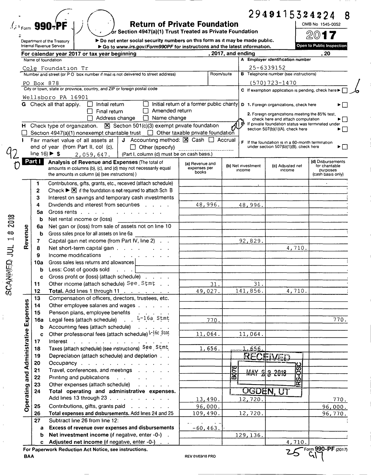 Image of first page of 2017 Form 990PF for Cole Foundation Tr