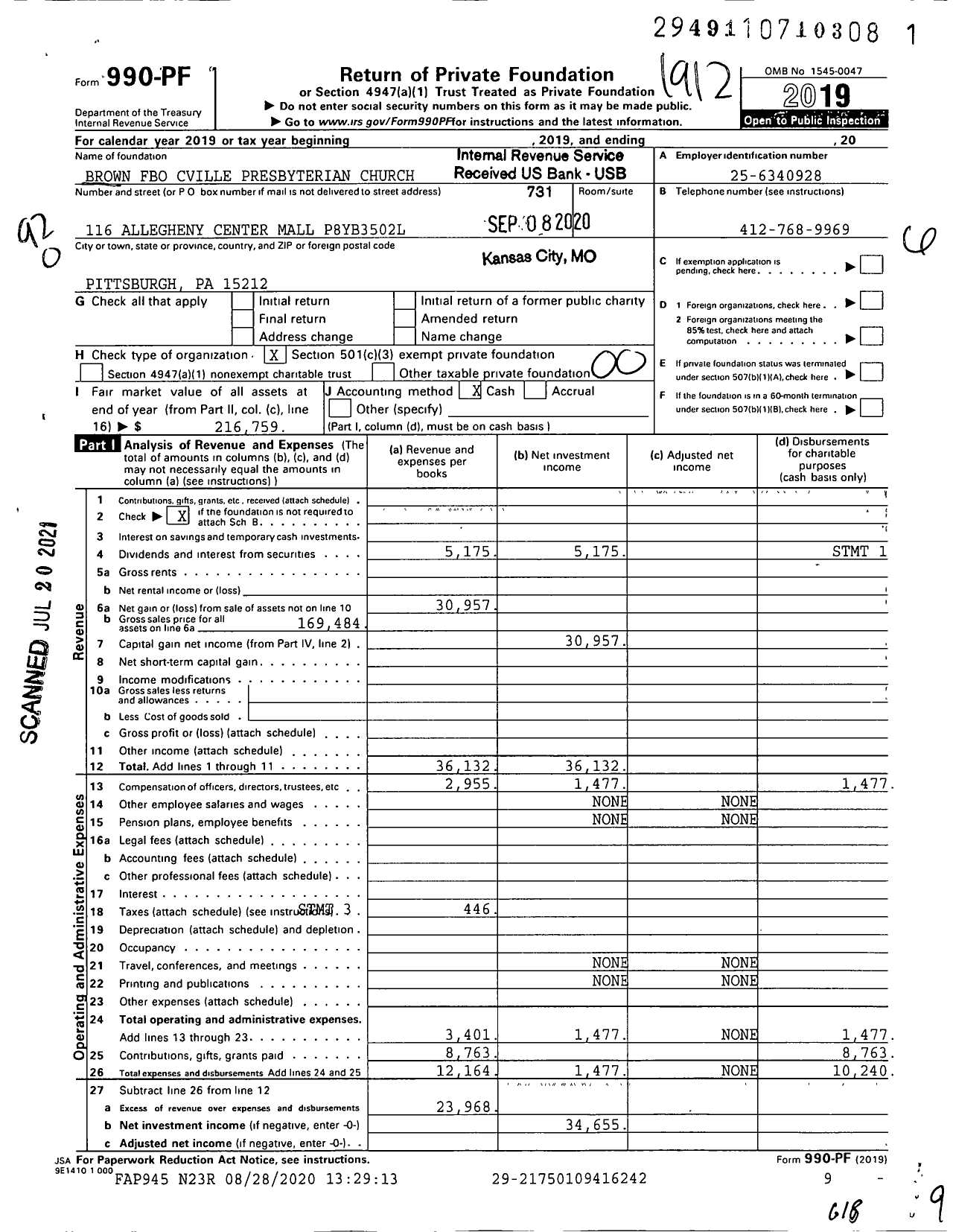 Image of first page of 2019 Form 990PF for Brown Fbo Cville Presbyterian Church