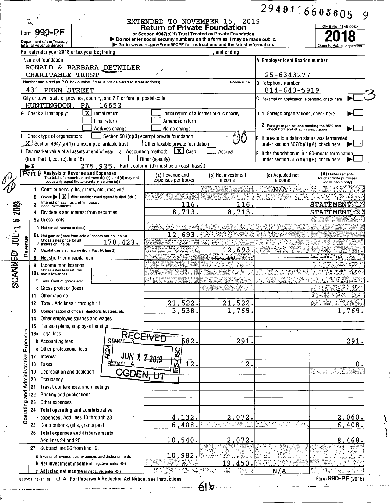 Image of first page of 2018 Form 990PF for Ronald and Barbara Detwiler Charitable Trust