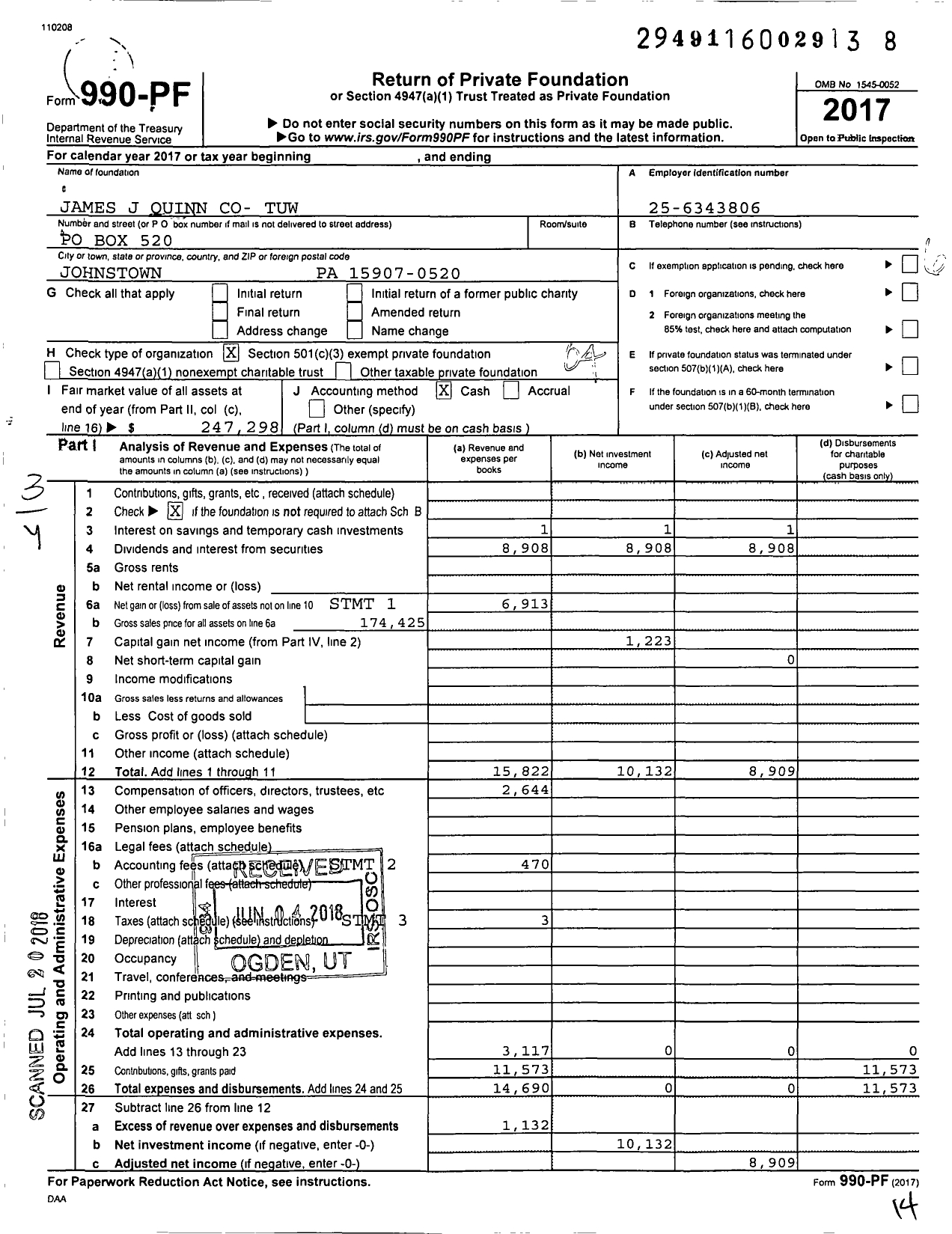 Image of first page of 2017 Form 990PF for James J Quinn Co- Co-Tuw