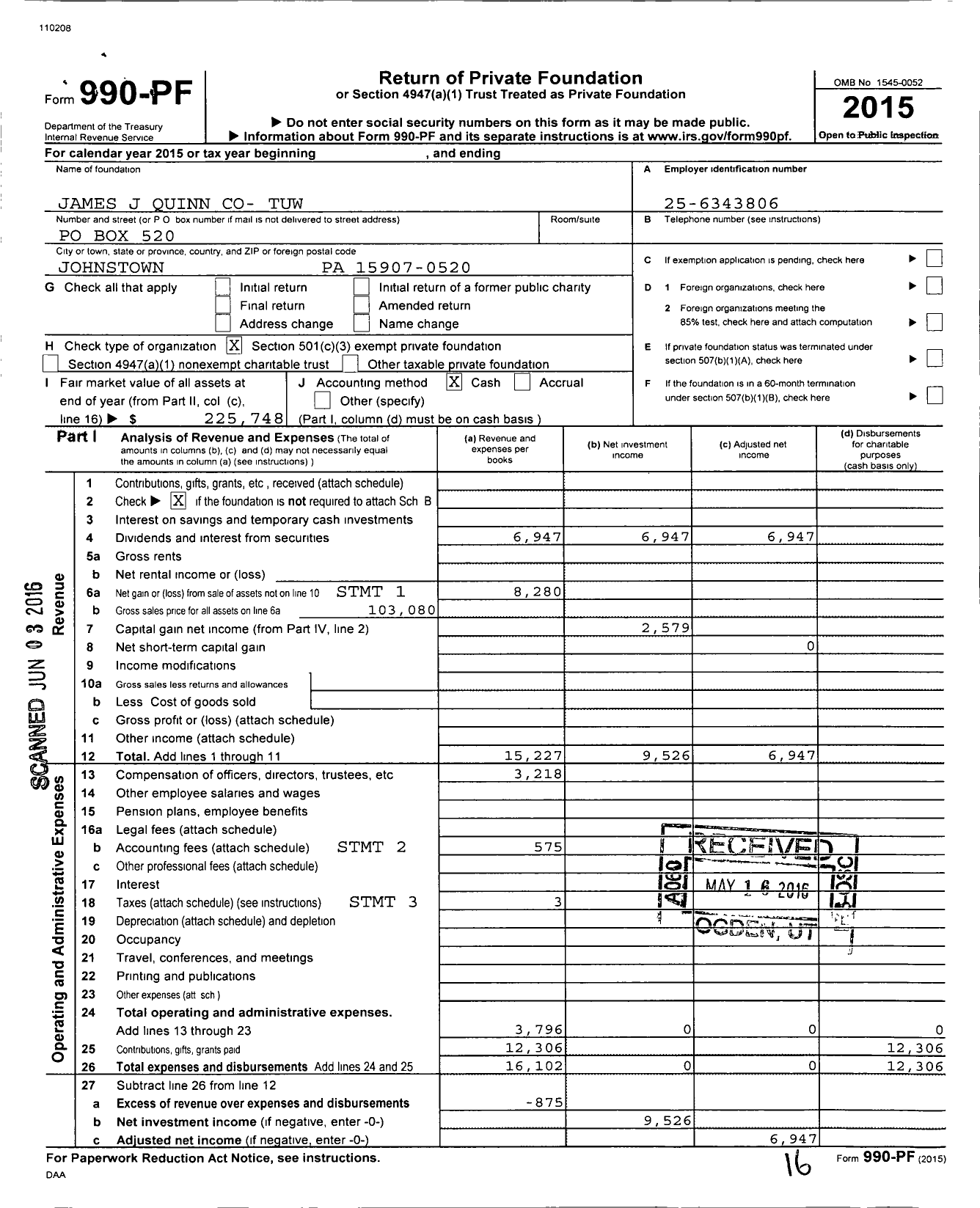 Image of first page of 2015 Form 990PF for James J Quinn Co- Co-Tuw