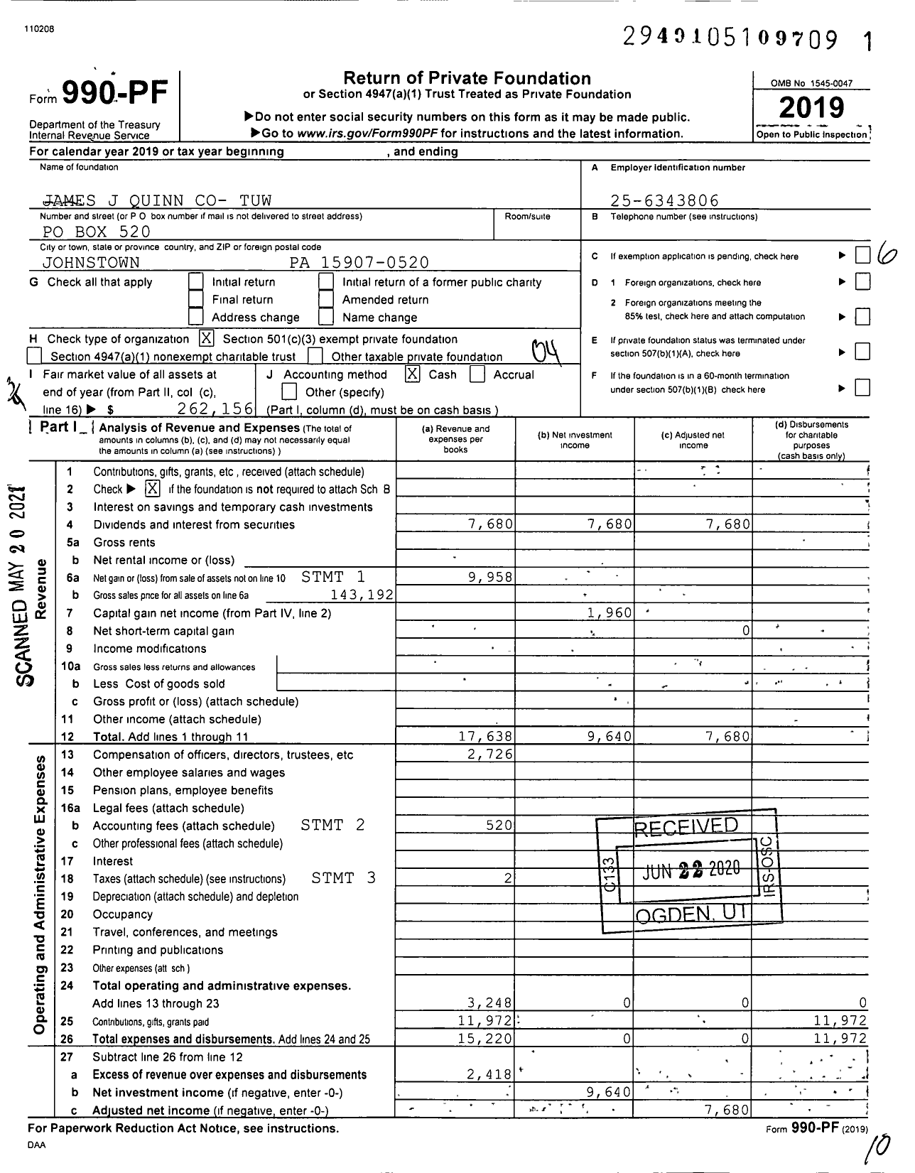 Image of first page of 2019 Form 990PF for James J Quinn Co- Co-Tuw