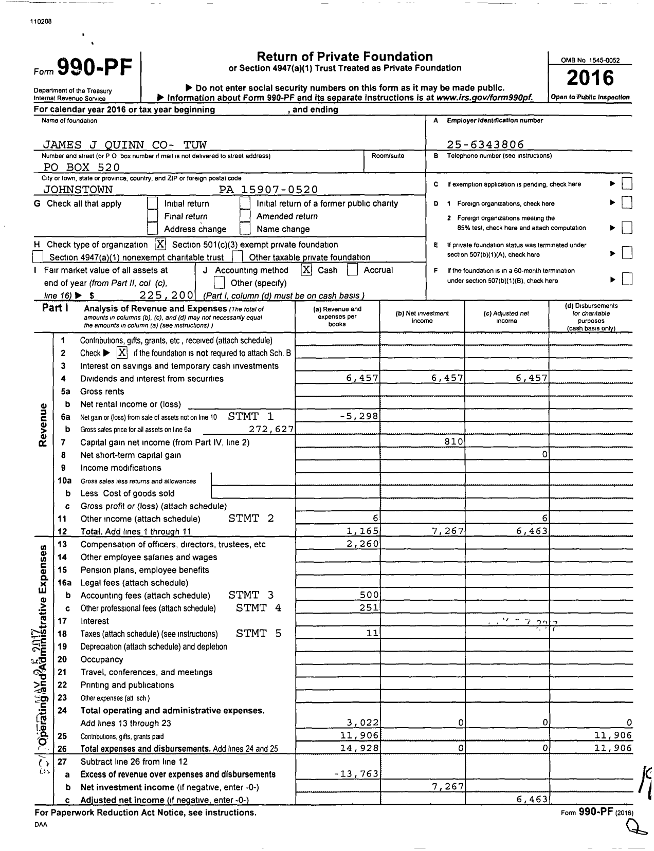 Image of first page of 2016 Form 990PF for James J Quinn Co- Co-Tuw