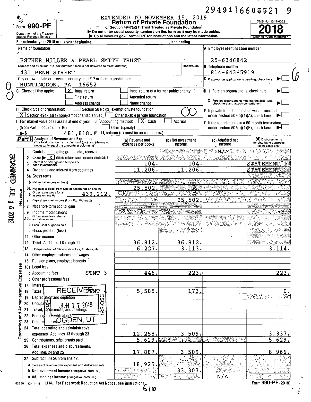 Image of first page of 2018 Form 990PF for Esther Miller and Pearl Smith Trust