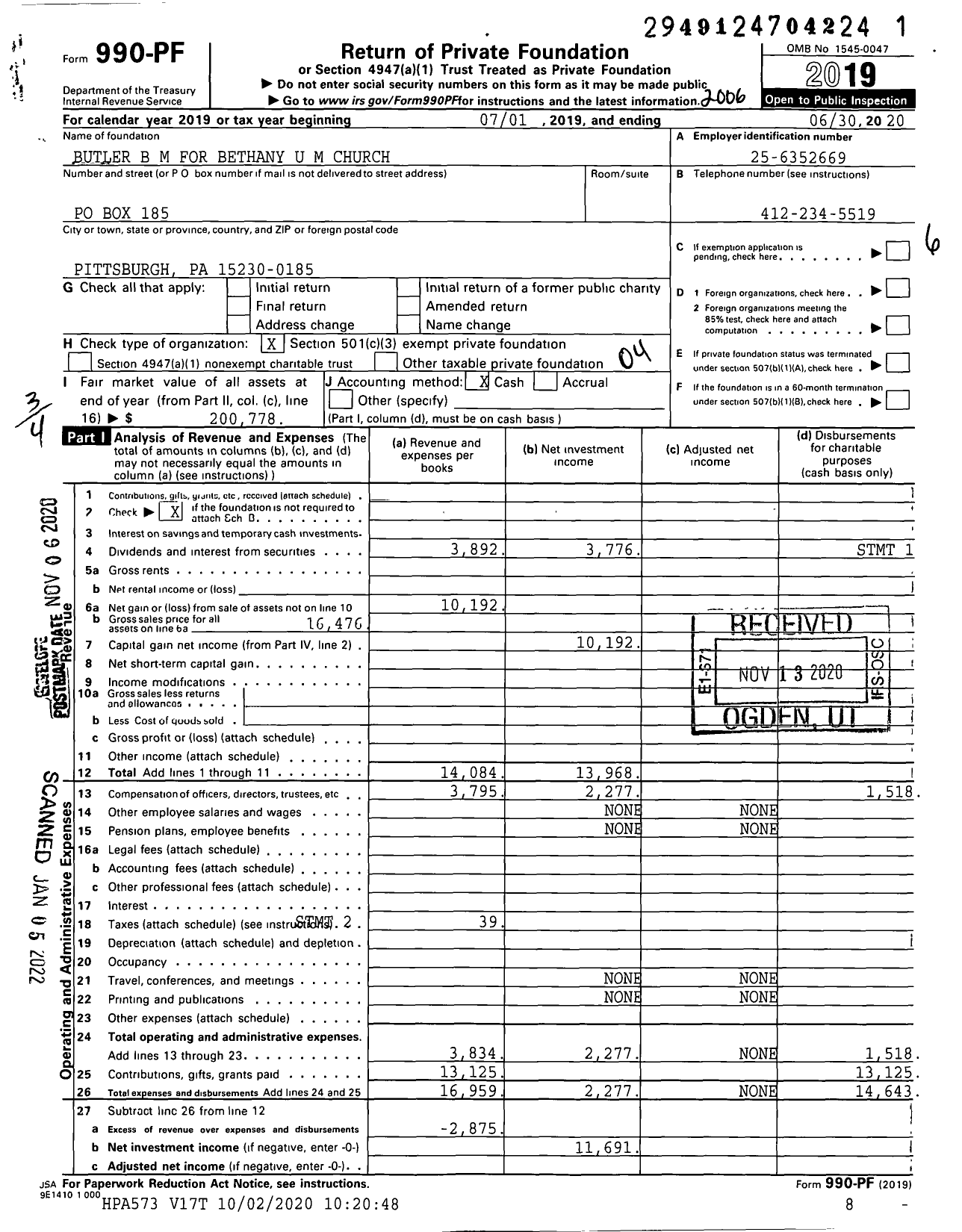 Image of first page of 2019 Form 990PF for Butler B M for Bethany U M Church