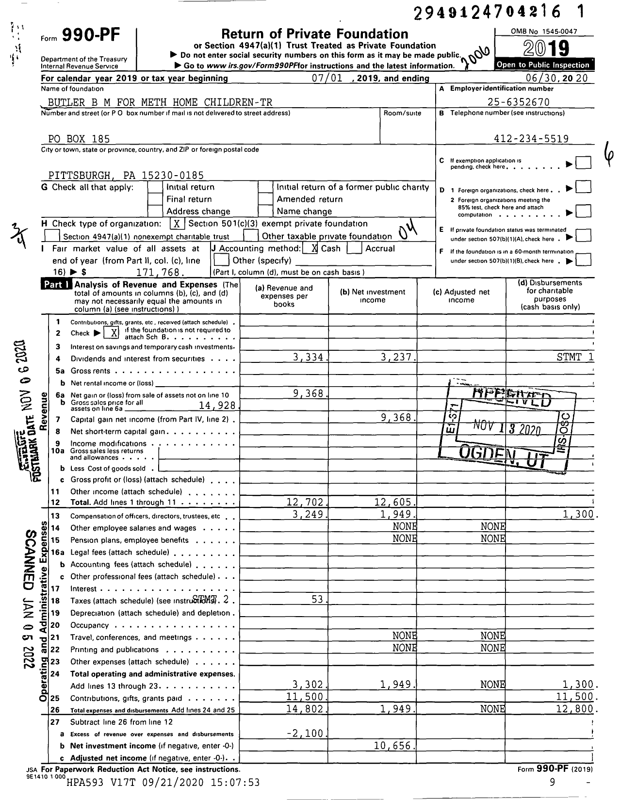 Image of first page of 2019 Form 990PF for Butler B M for Meth Home Children-Tr