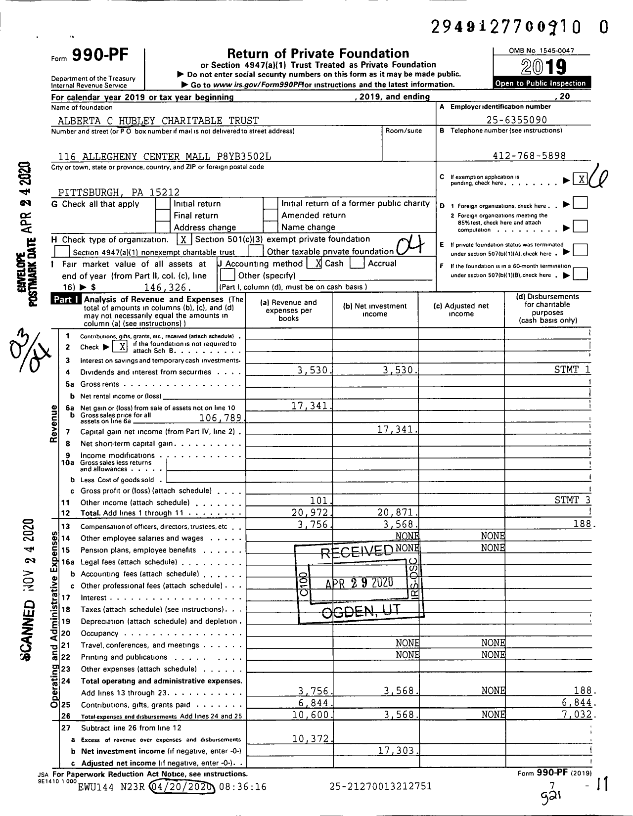 Image of first page of 2019 Form 990PF for Alberta C Hubley TW