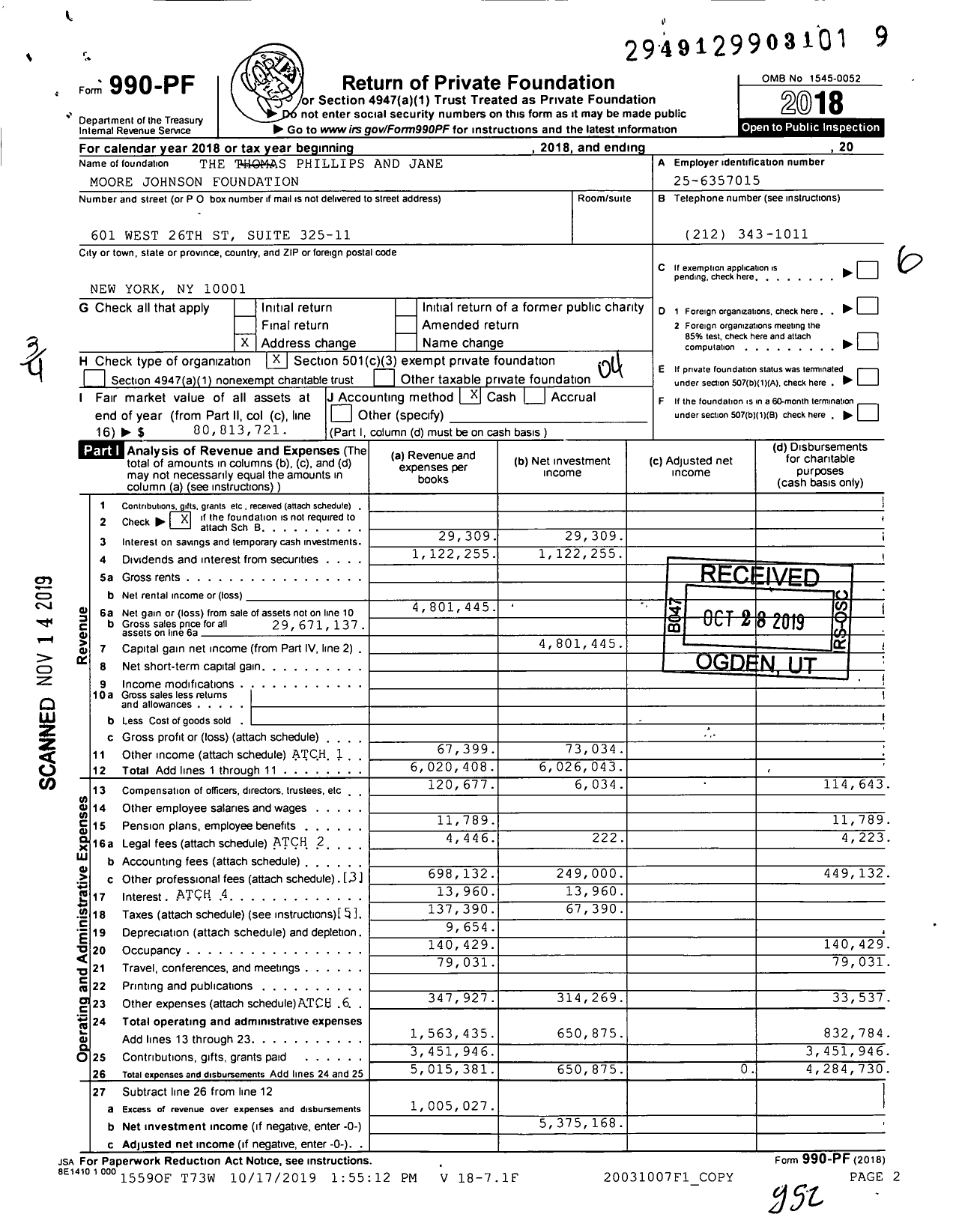 Image of first page of 2018 Form 990PF for The Thomas Phillips and Jane Moore Johnson Foundation (JFF)