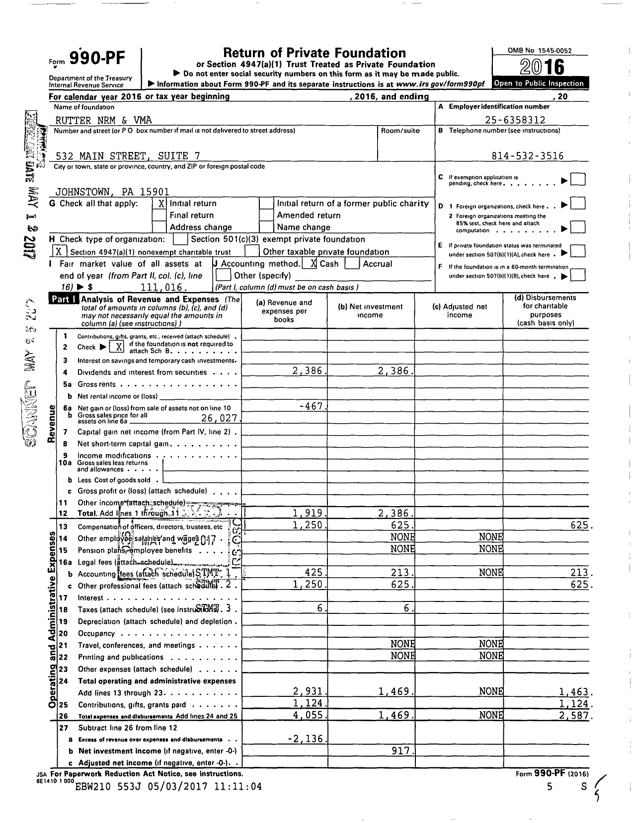 Image of first page of 2016 Form 990PF for Crutter NRM and Vma