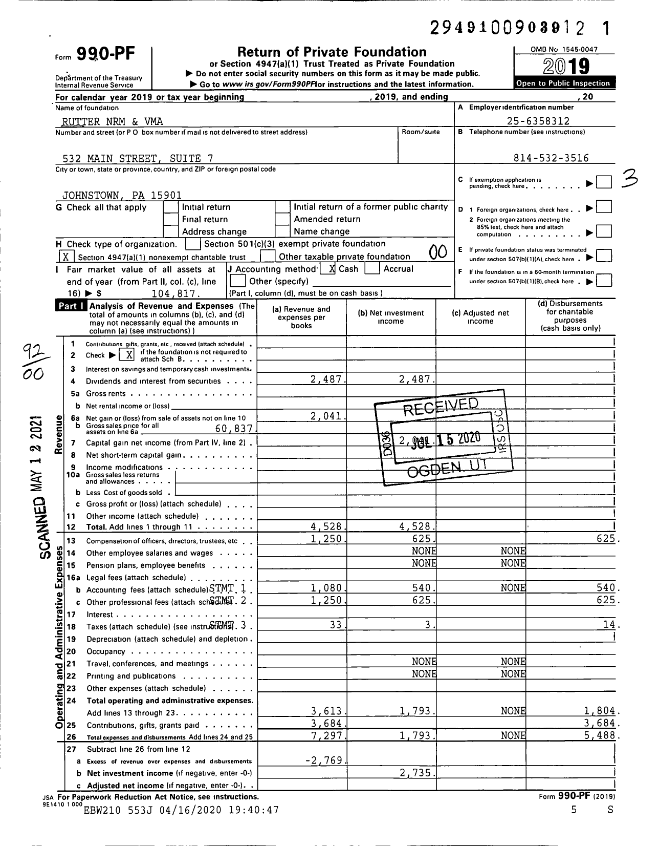 Image of first page of 2019 Form 990PF for Crutter NRM and Vma