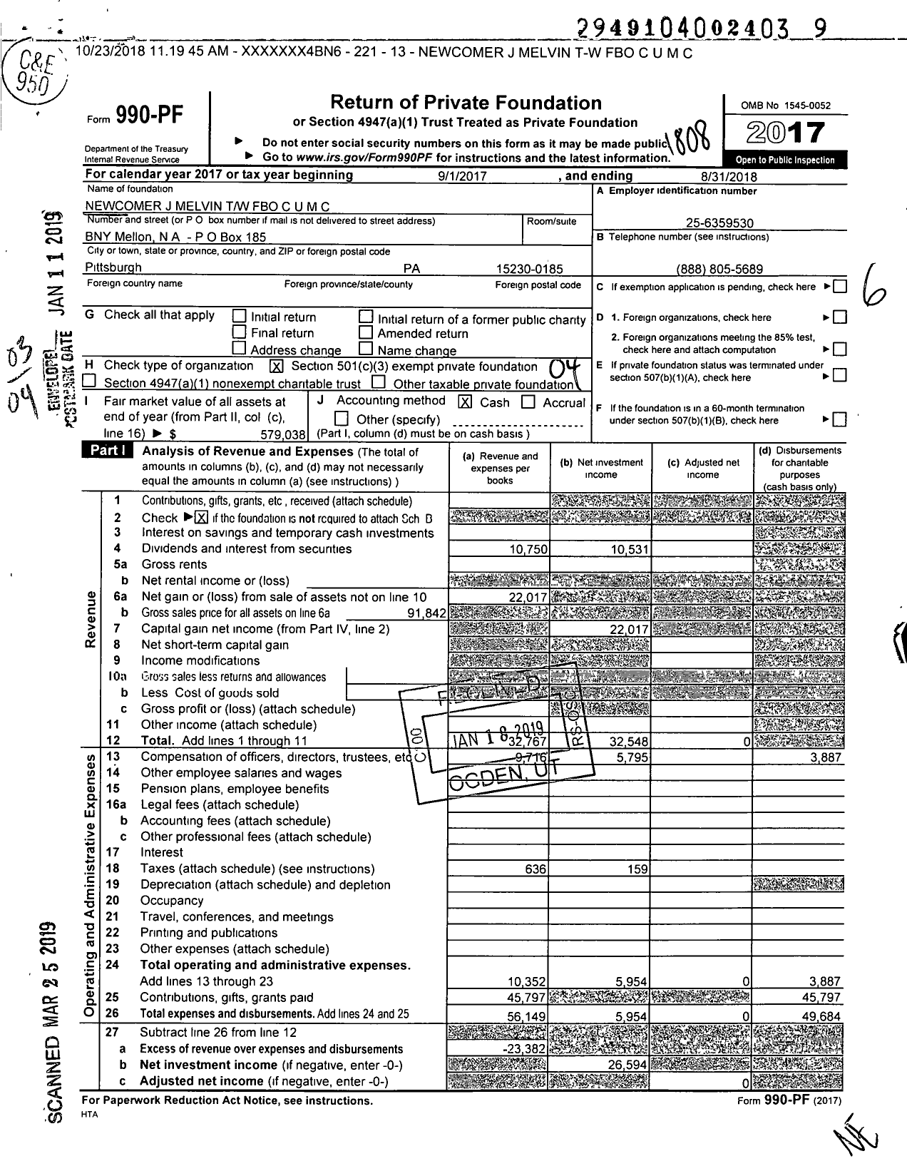 Image of first page of 2017 Form 990PF for Newcomer J Melvin TW Fbo C U M C