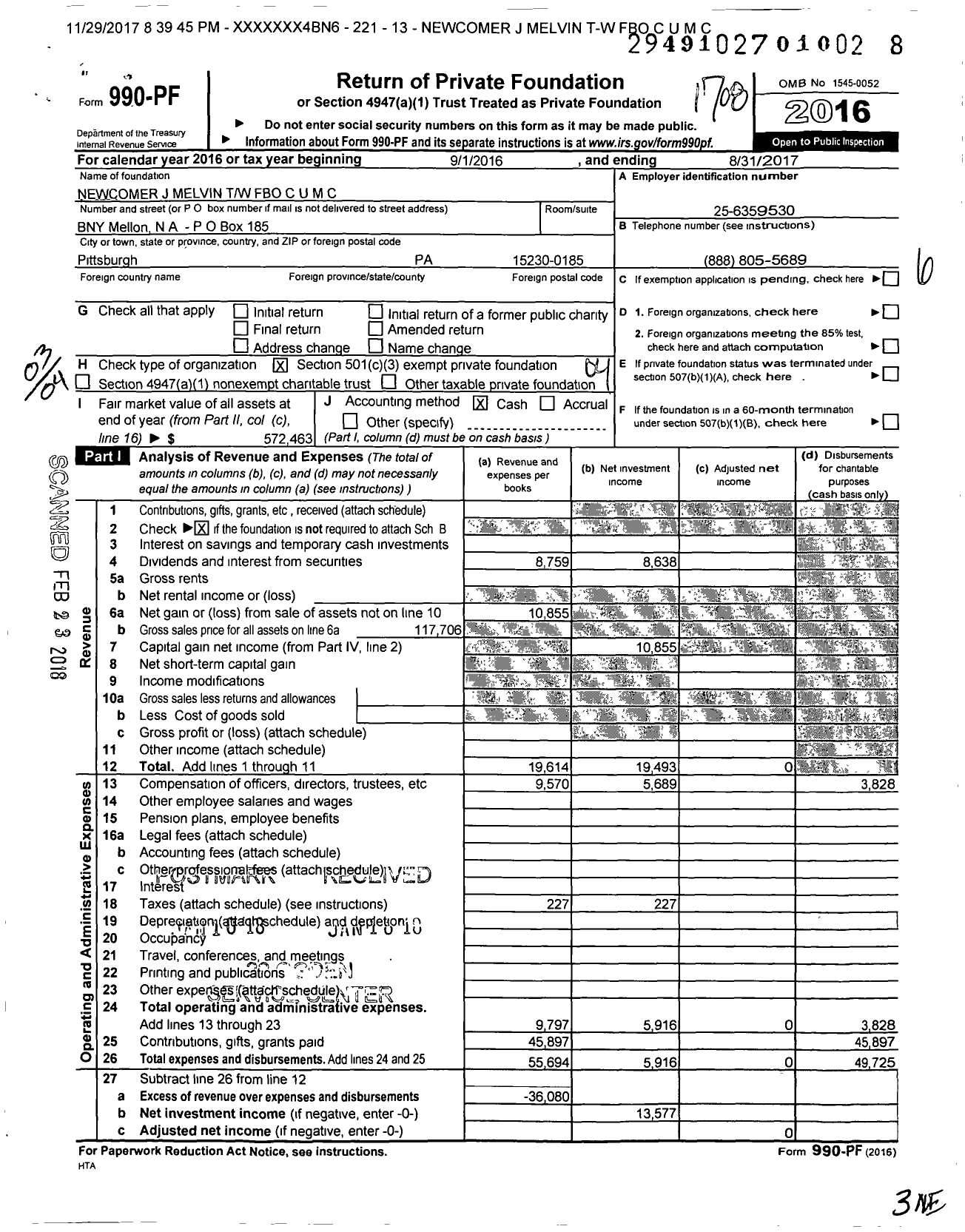 Image of first page of 2016 Form 990PF for Newcomer J Melvin TW Fbo C U M C